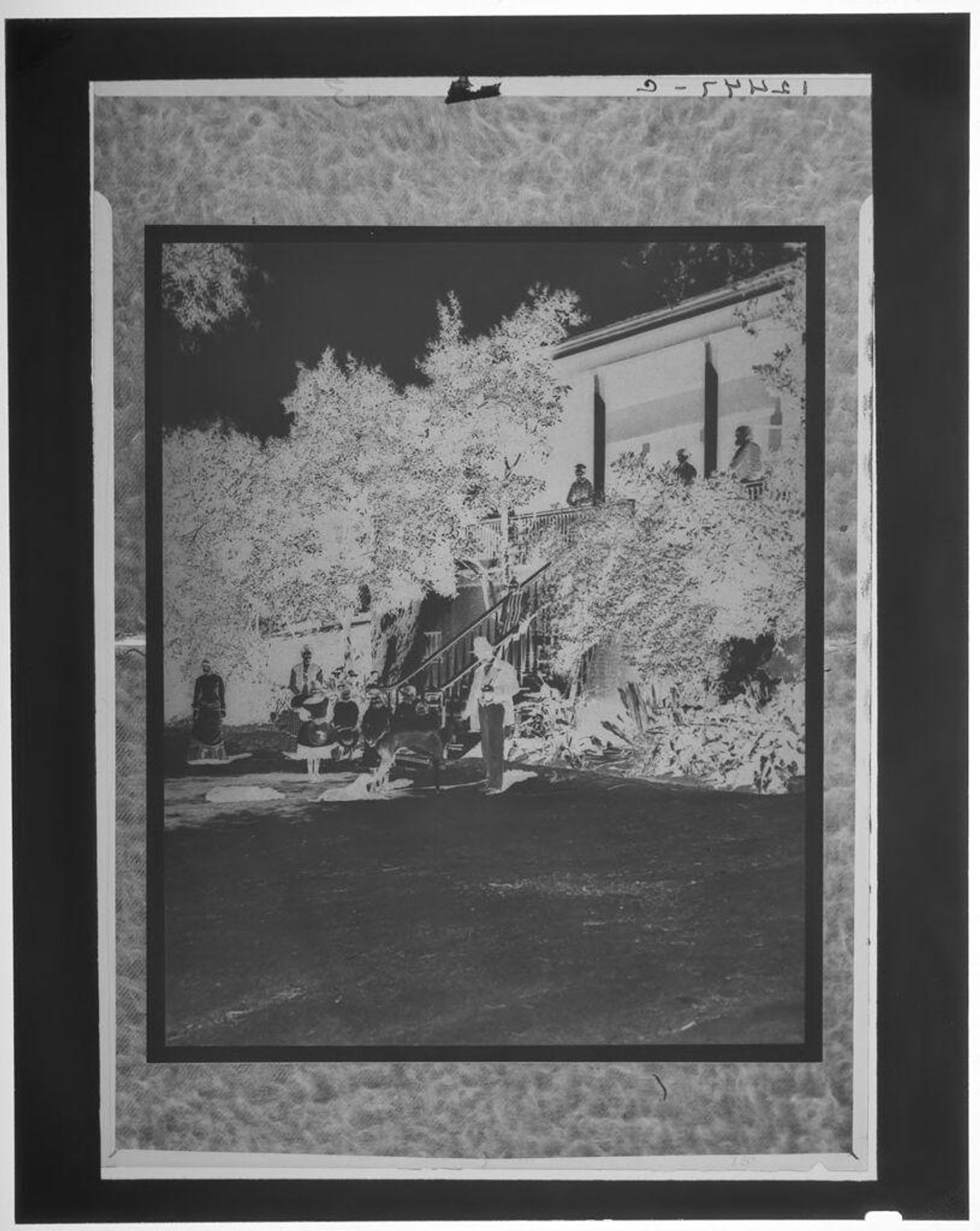 Untitled (photograph on wall of group standing around yard and balcony of house with man petting a dog in foreground) by Martin Schweig