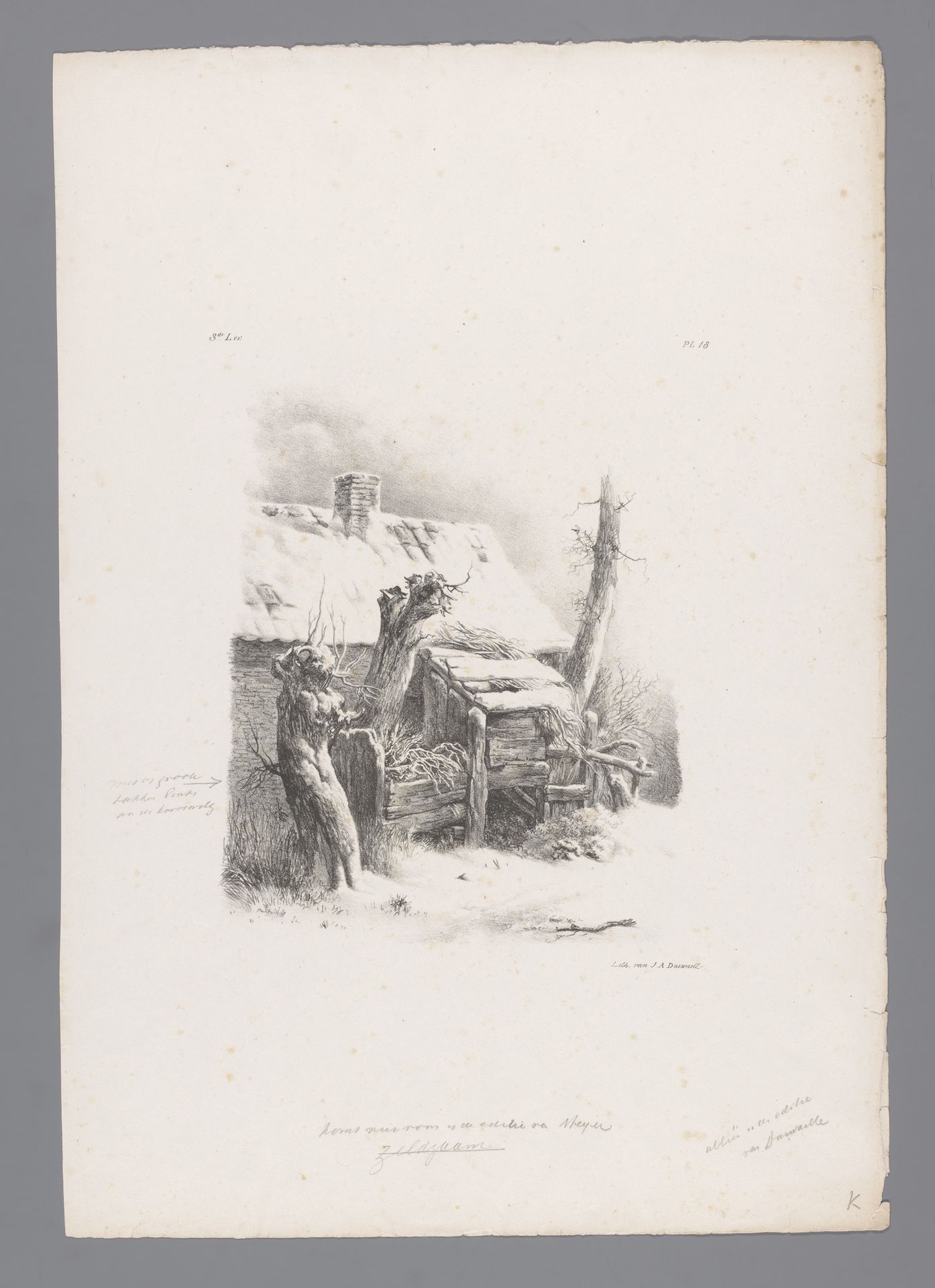 Besneeuwde boerenschuur by Barend Cornelis Koekkoek