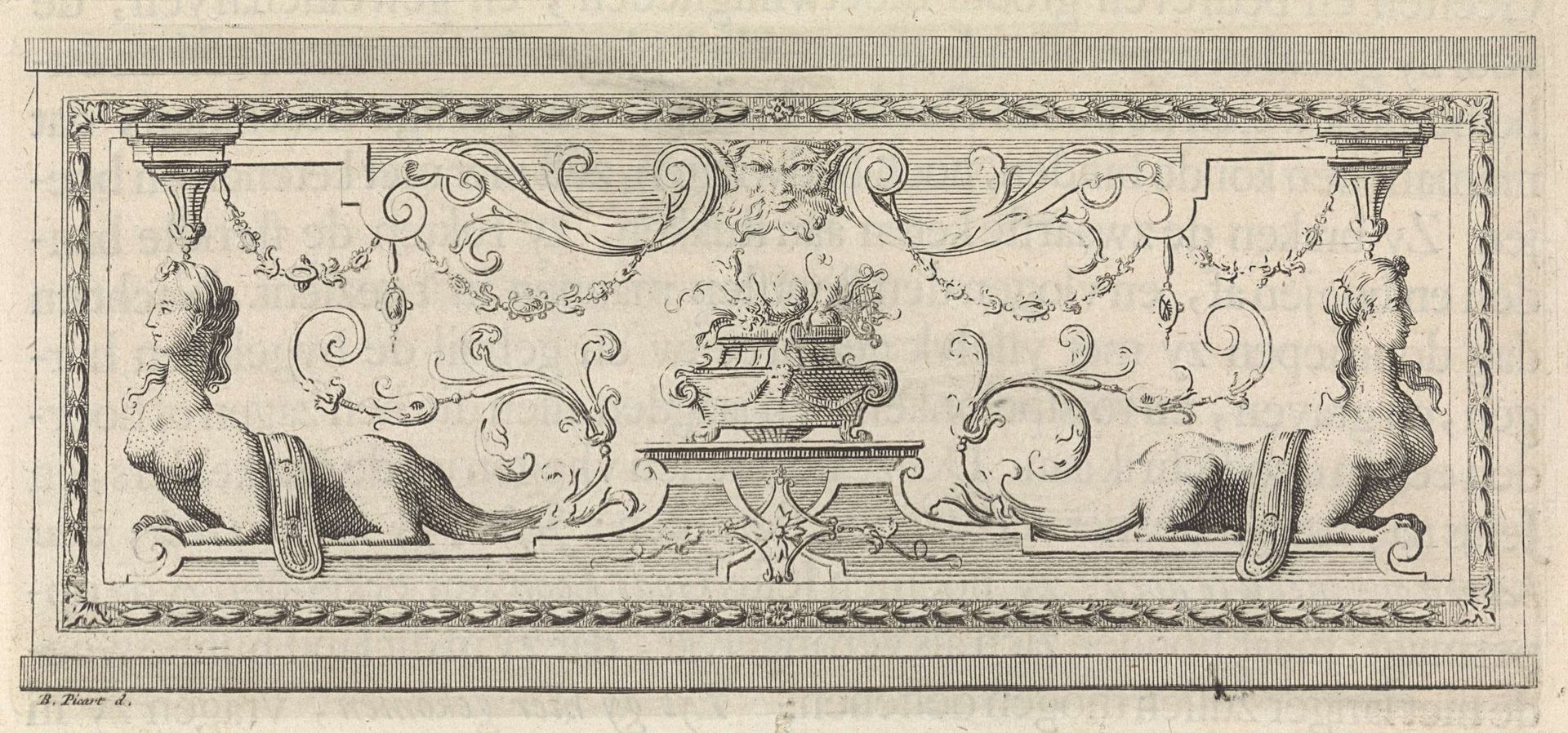 Ornament met een vaas in het midden geflankeerd door sfinxen by Bernard Picart