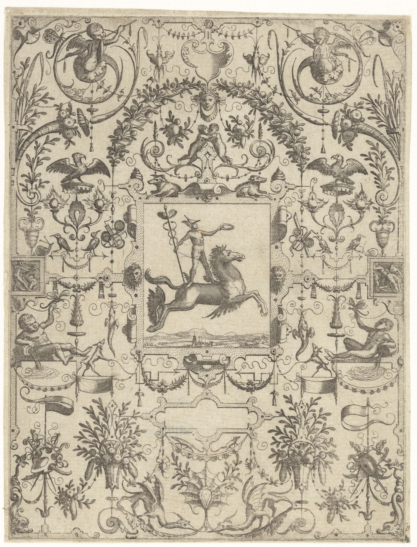 Rechthoekige cartouche met Mercurius op Pegasus by Johannes of Lucas van Doetechum