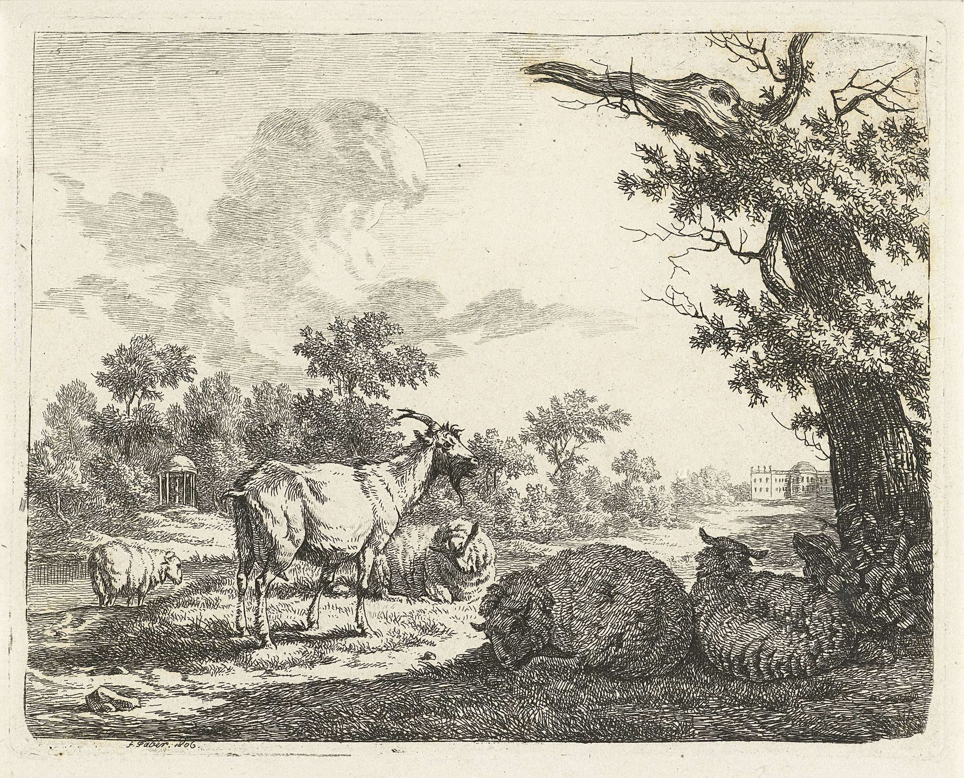 Landgoed met schapen en een geit by Frédéric Théodore Faber