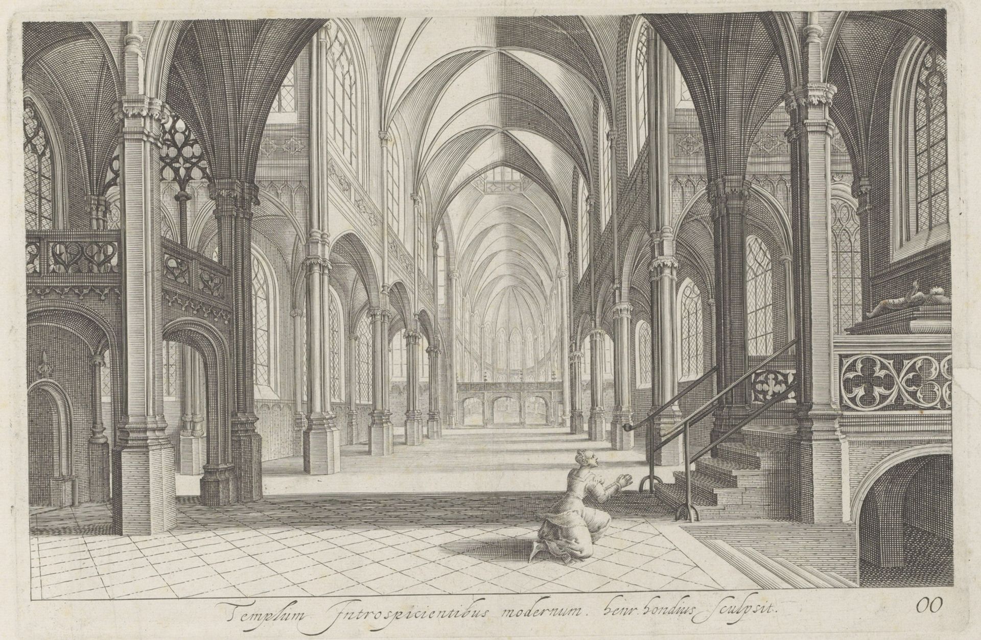 Interieur van een kerk met een knielende vrouw by Hendrick Hondius I