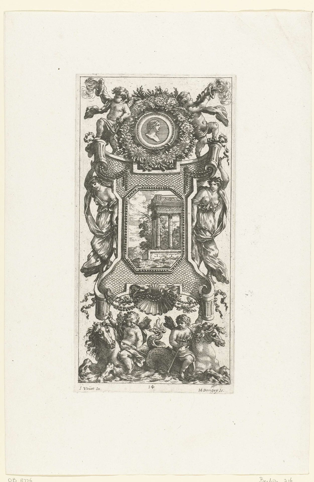 Muurpaneel met cartouche geflankeerd door nimfen by Michel Dorigny