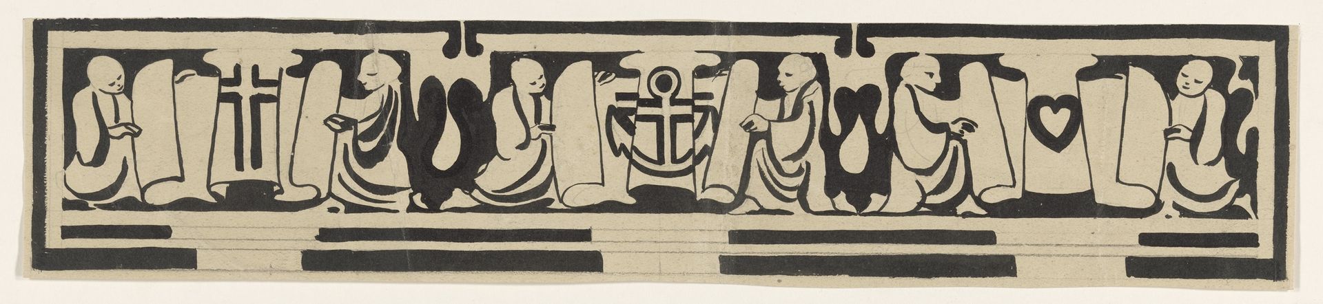 Ontwerp voor vignet in het gedenkboek voor koningin Wilhelmina uit 1923 met voorstelling van de deugden Geloof, Hoop en Liefde by Carel Adolph Lion Cachet