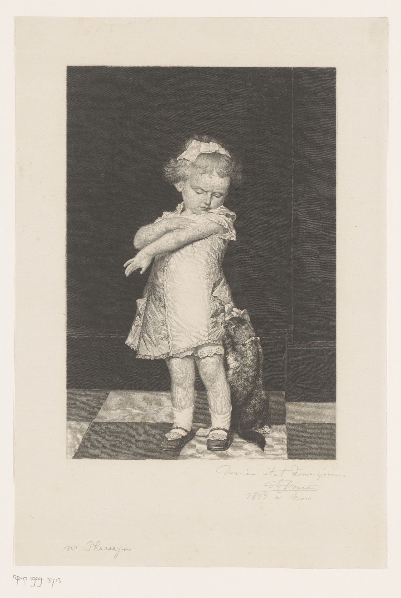 Meisje inspecteert de kras, die de kat haar op de arm gaf by Auguste Danse