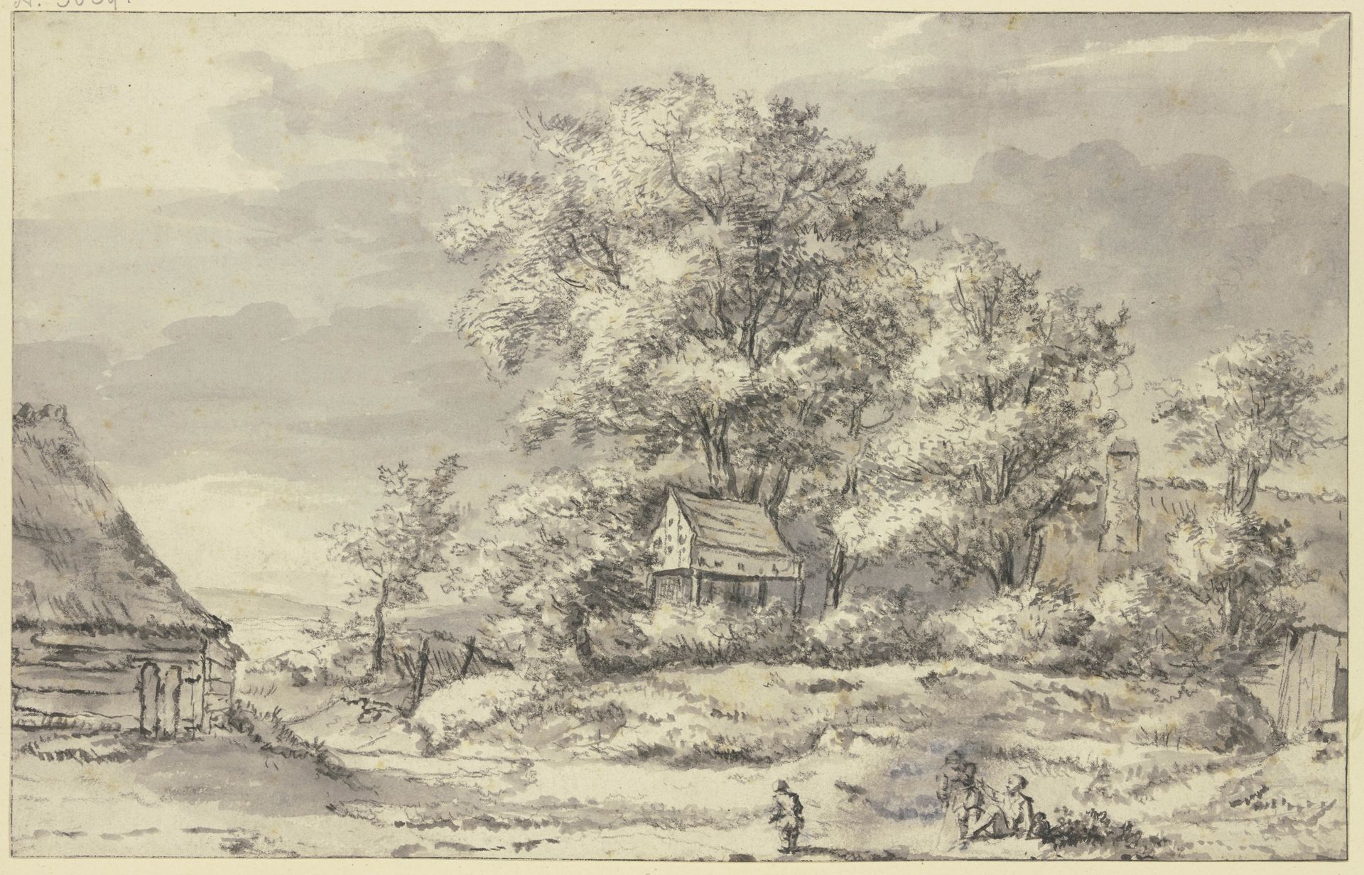 Baumgruppe mit Hütten, Mann mit Frau, links Knabe by Jacob van Ruisdael