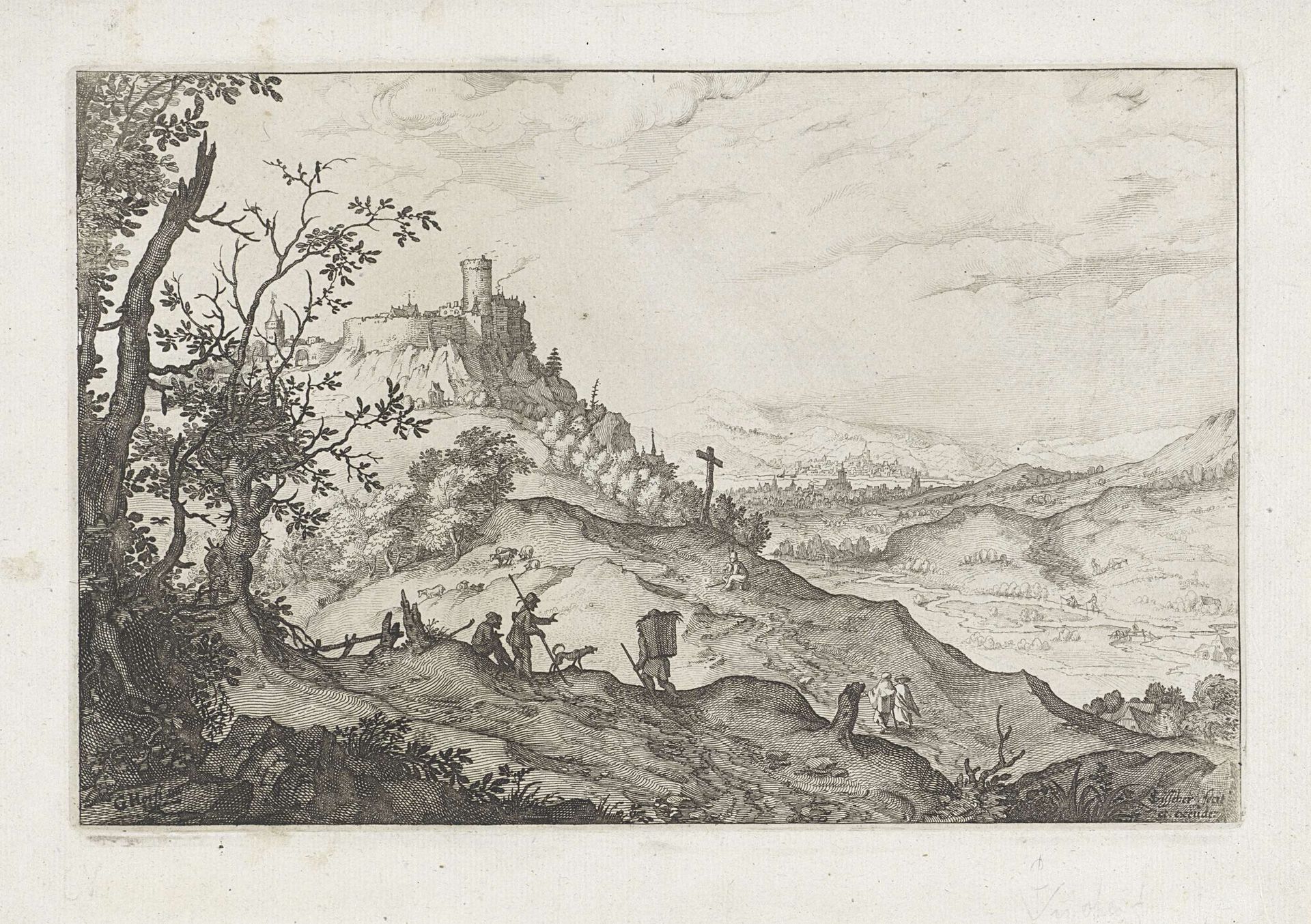 Berglandschap met wandelaars en herders by Claes Jansz. Visscher