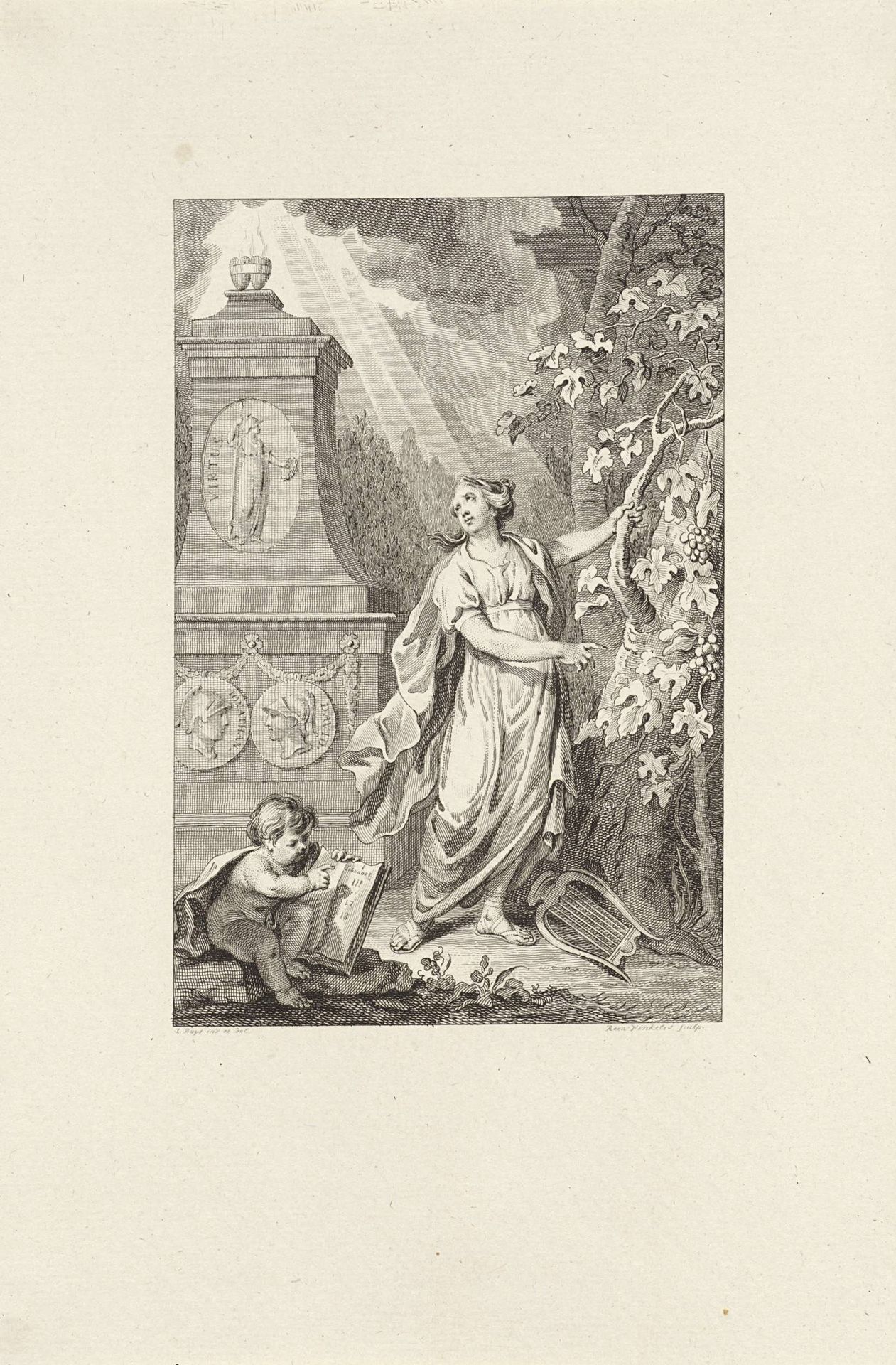 Allegorie met een vrouw en putto bij een monument voor de Deugd by Reinier Vinkeles