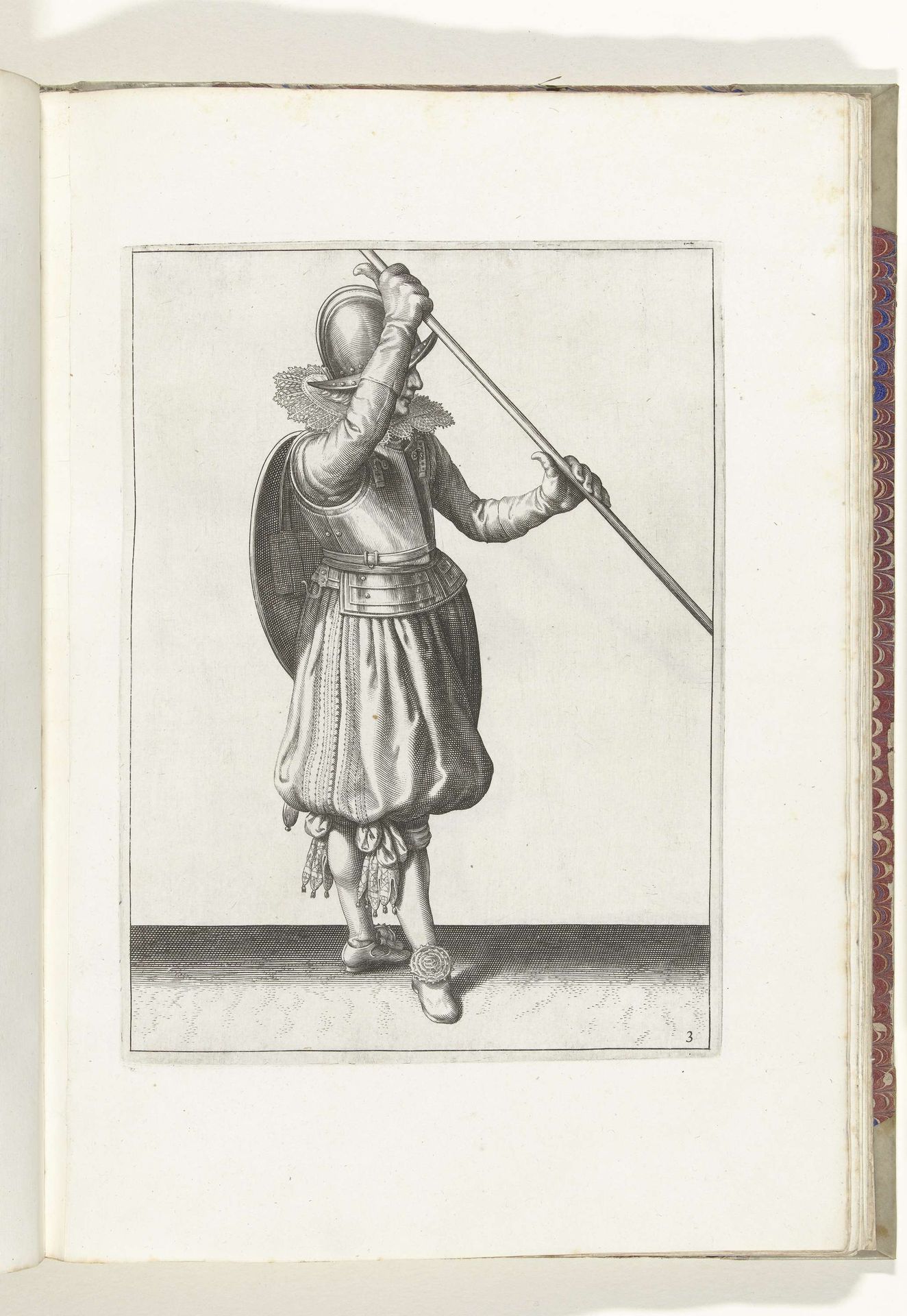 De exercitie met schild en spies: de soldaat met de spies schuin in beide handen met de rechterhand bij het hoofd en het schild op de rug (nr. 3), 1618 by Adam van Breen