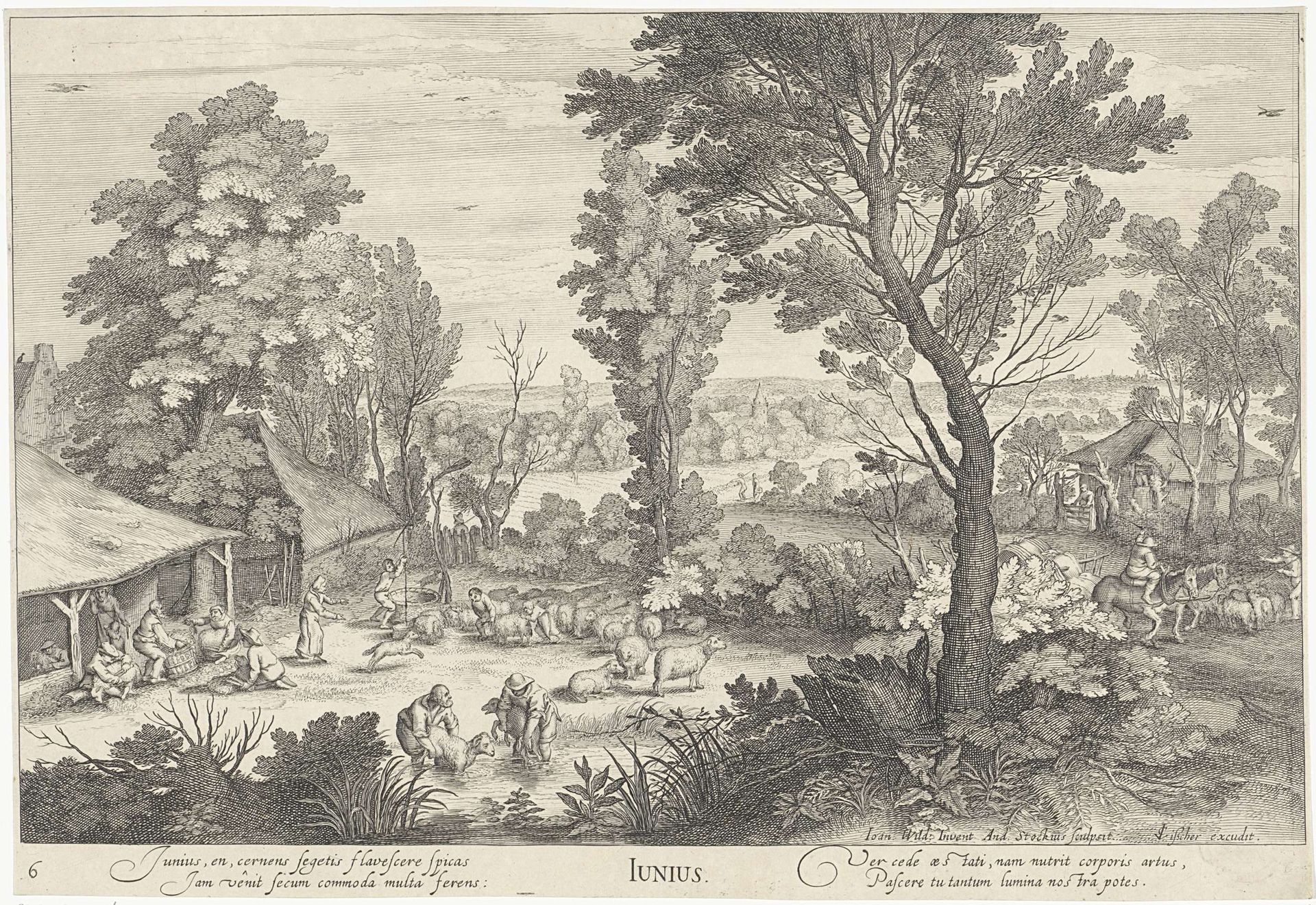 Juni, landschap waarin boeren schapen scheren by Andries Stock