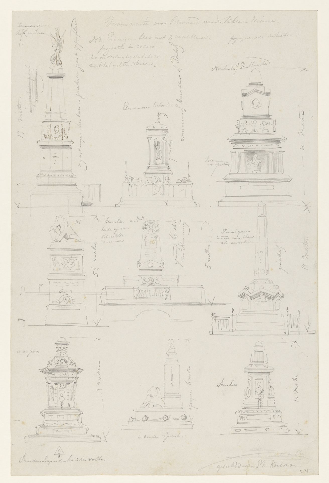 Schetsblad met ontwerpen voor het monument voor Bernhard, hertog van Saksen-Weimar, op het Huygensplein Den Haag by Johan Philip Koelman