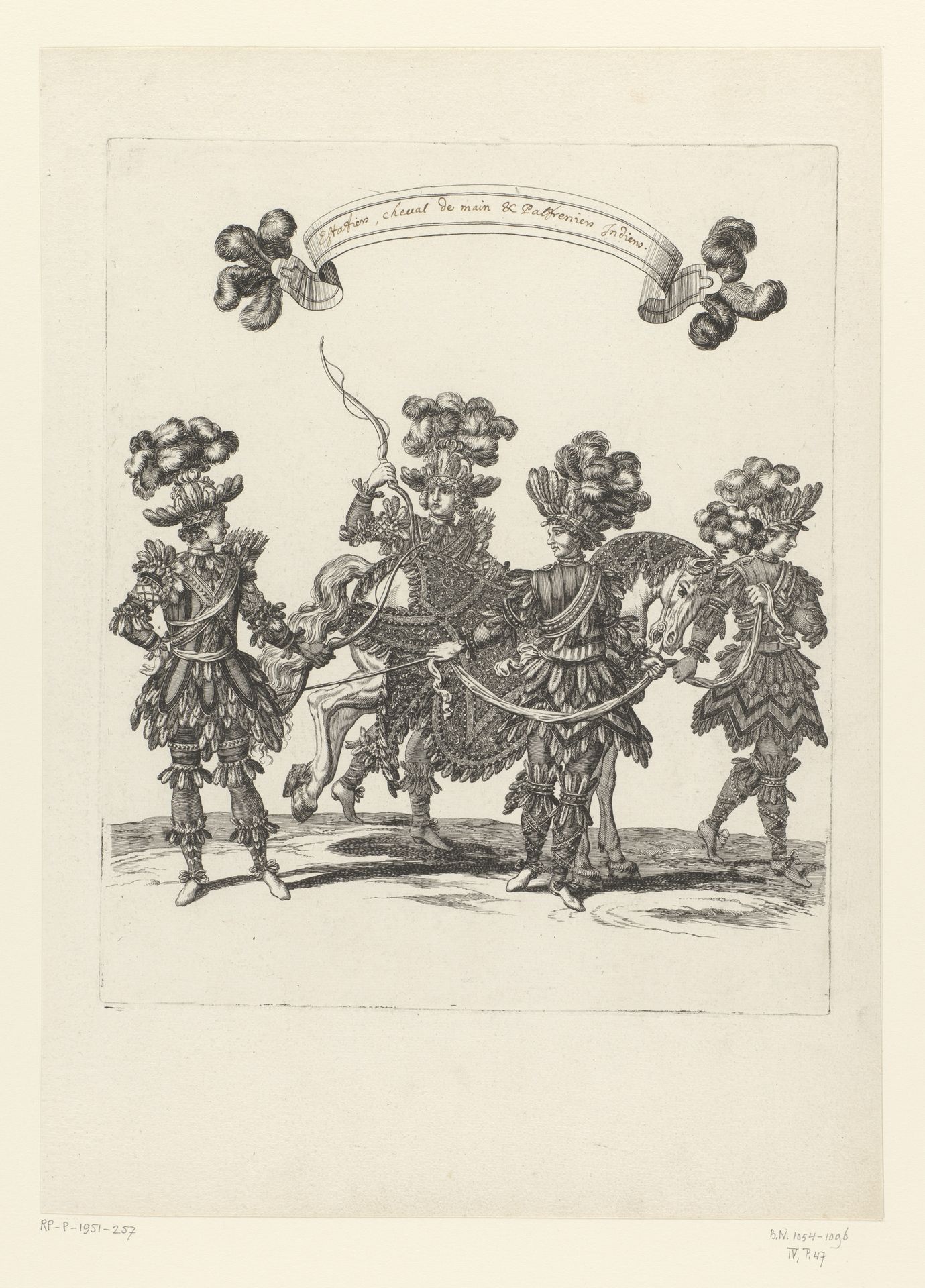 Voetknechten en palfrenier met paard in fantasiekostuum, aangeduid als 'Indiens' by François Chauveau