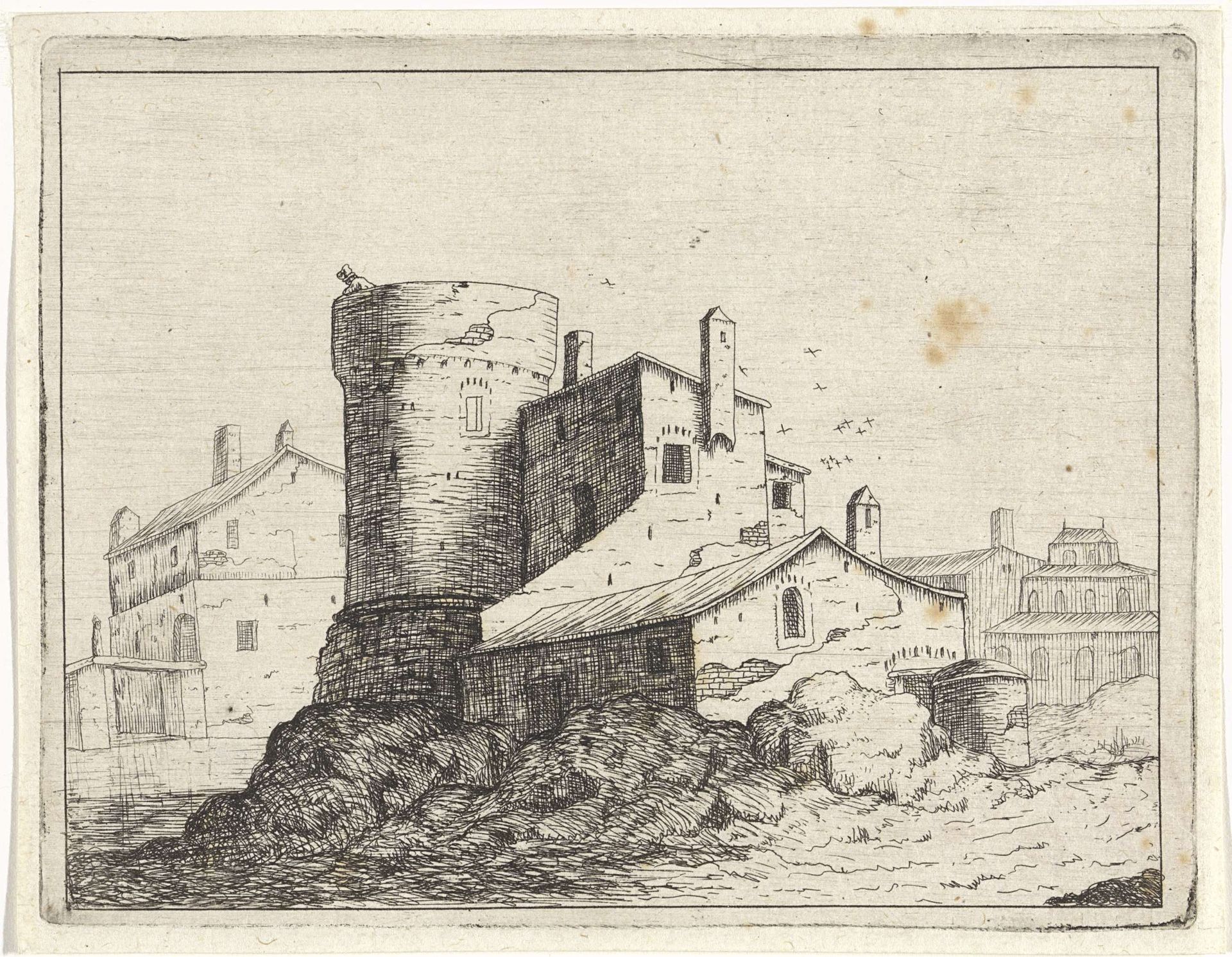 Huis tegen een ronde toren by M. Schaep