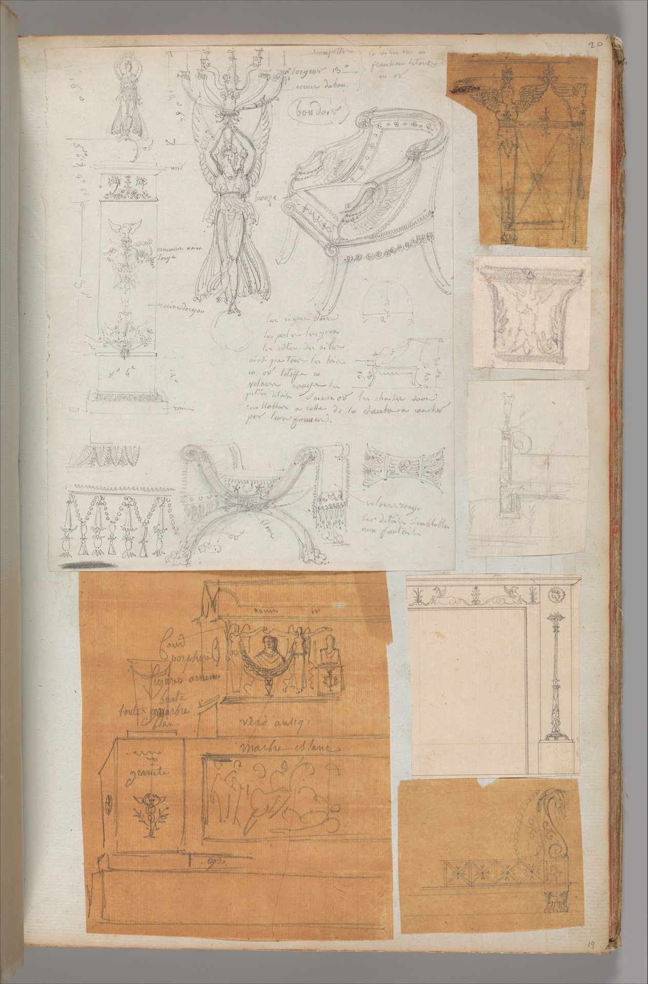 Page from a Scrapbook containing Drawings and Several Prints of Architecture, Interiors, Furniture and Other Objects by Charles Percier