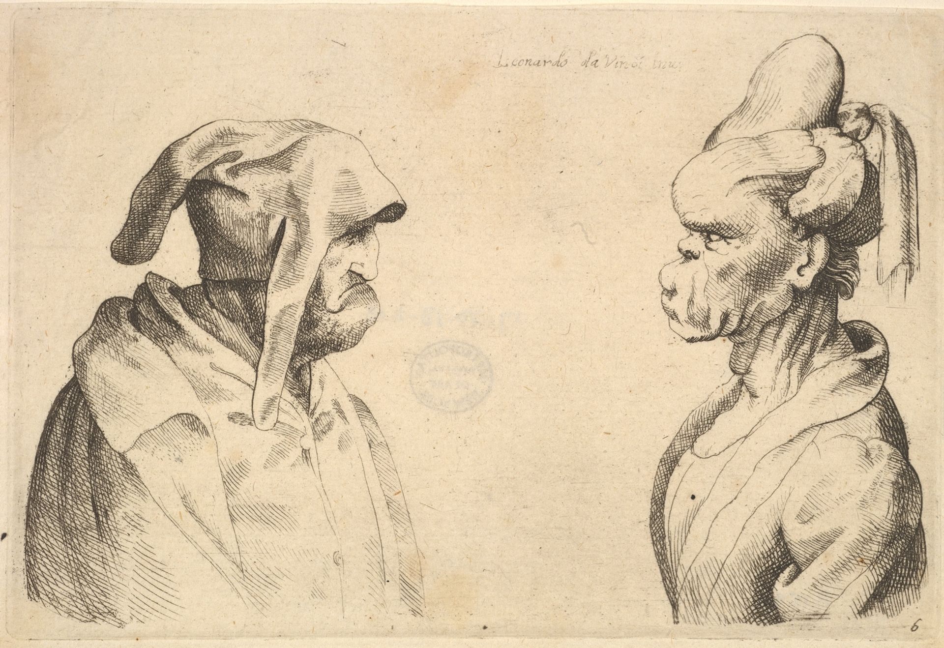 Two deformed heads facing each other by Wenceslaus Hollar
