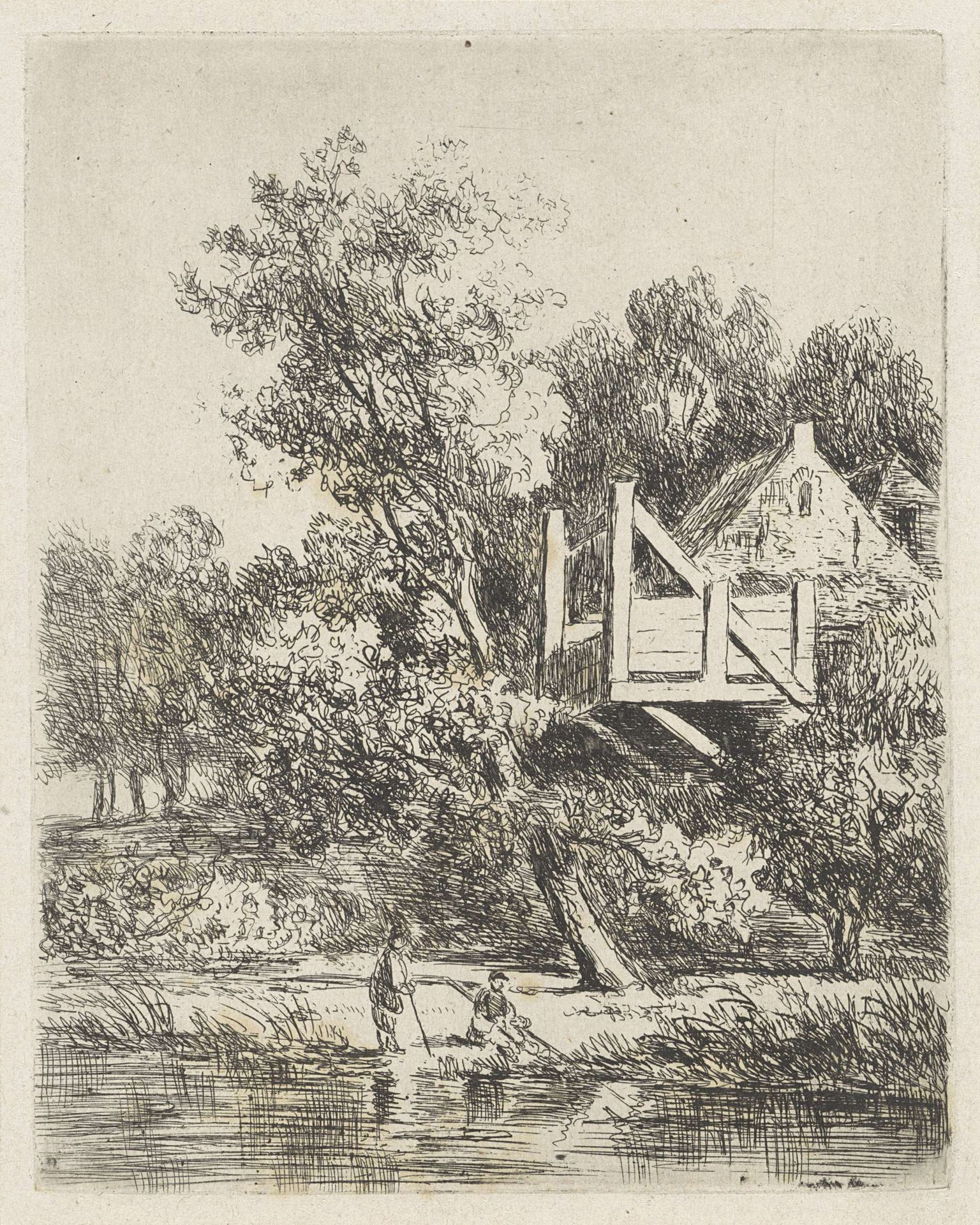 Bosgezicht met twee vissers bij een huis by Johannes Pieter van Wisselingh
