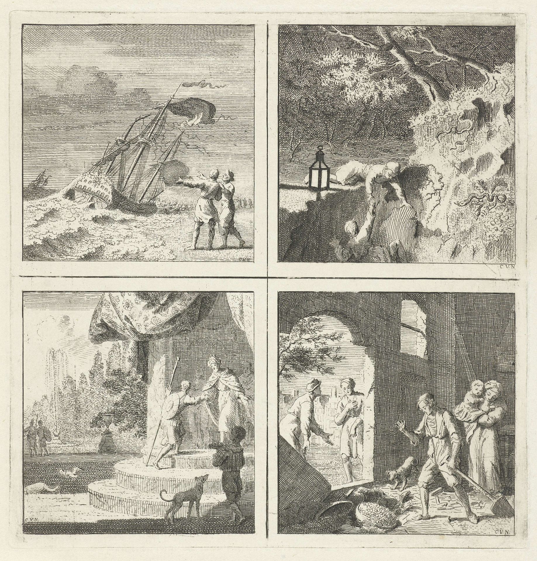 Zeegezicht / Twee figuren bij een afgrond / Koning ontvangt zijn gast / Vinden van een schat by Cornelis van Noorde