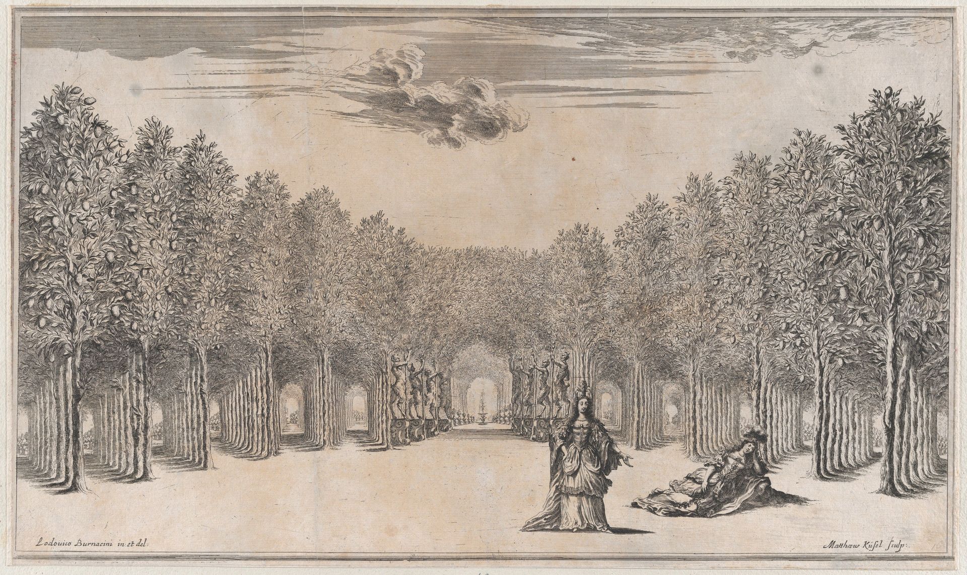 Two females in the foreground, one standing the other reclining, surrounded by tree-lined paths; set design from 'Il Pomo D'Oro' by Mathäus Küsel
