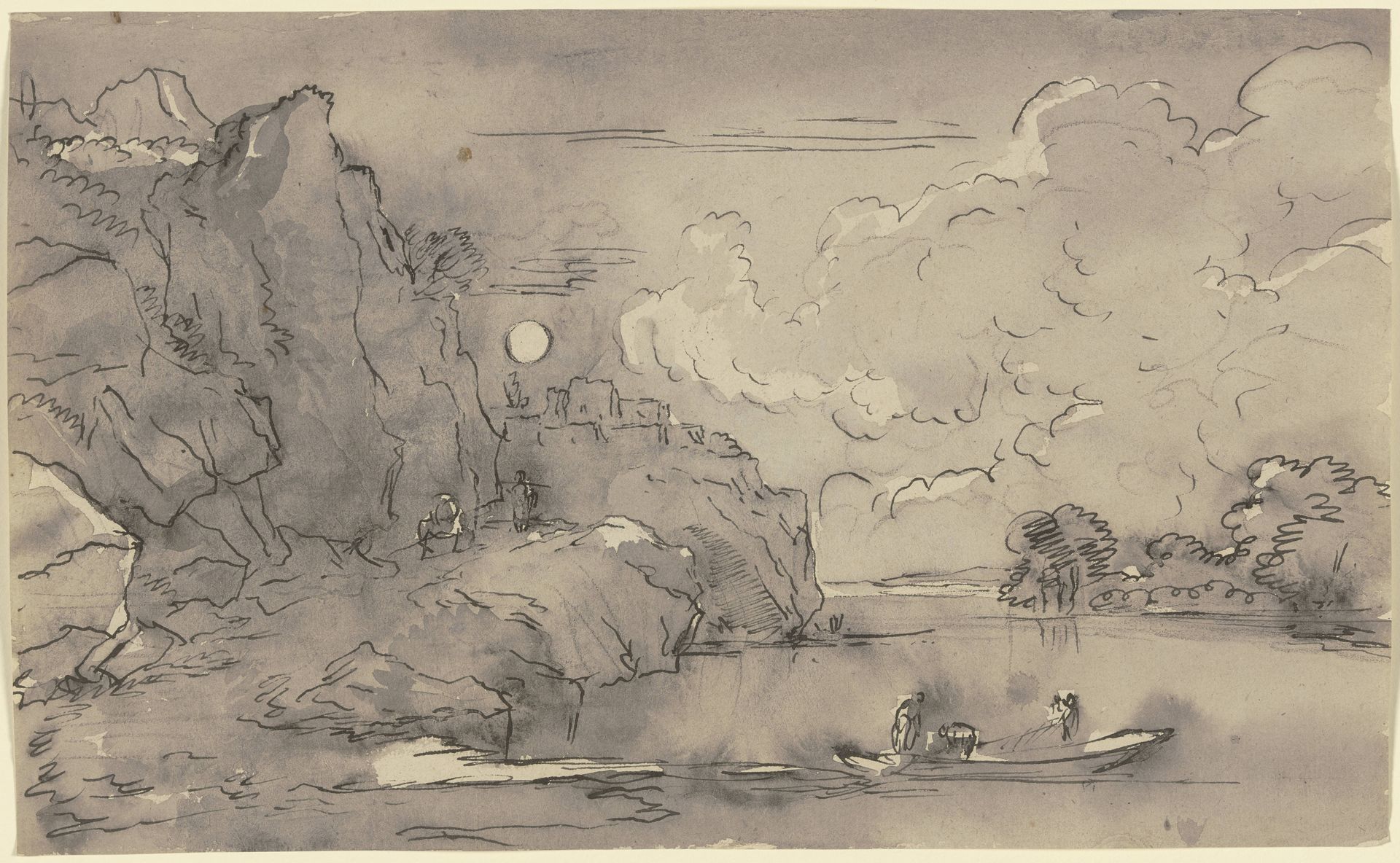 Felsige Uferlandschaft mit kleinem Dorf im Mondschein by Franz Kobell