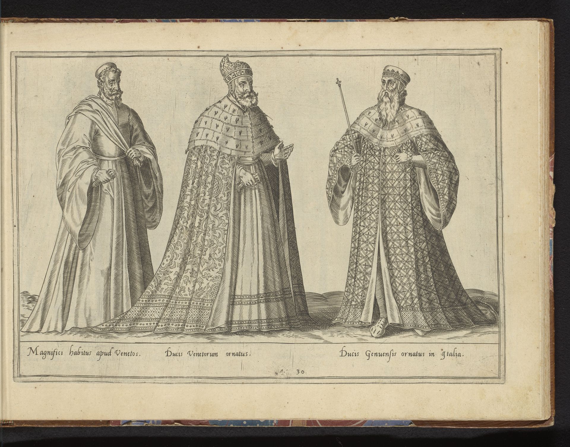Drie dogen uit Venetië en Genua, gekleed volgens de mode van ca. 1580 by Abraham de Bruyn
