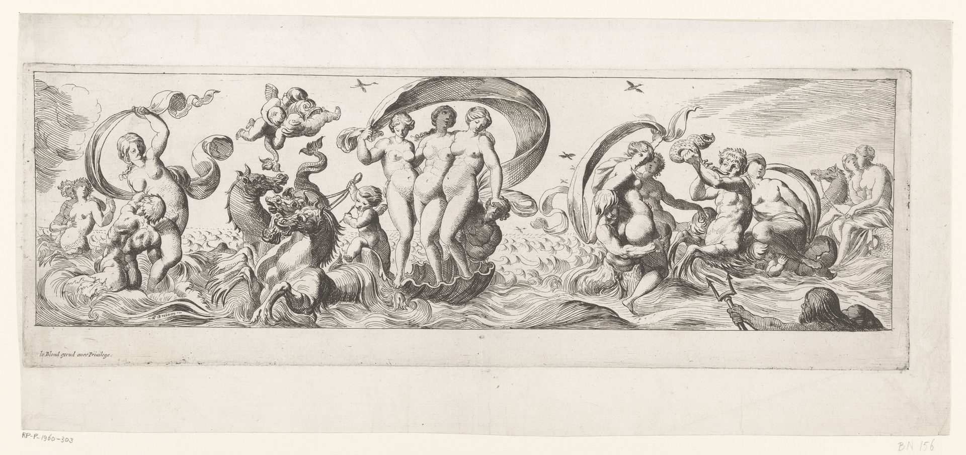 Zeegodinnen met in het midden Galathea, voortgetrokken op een vaartuig by Pierre Brebiette
