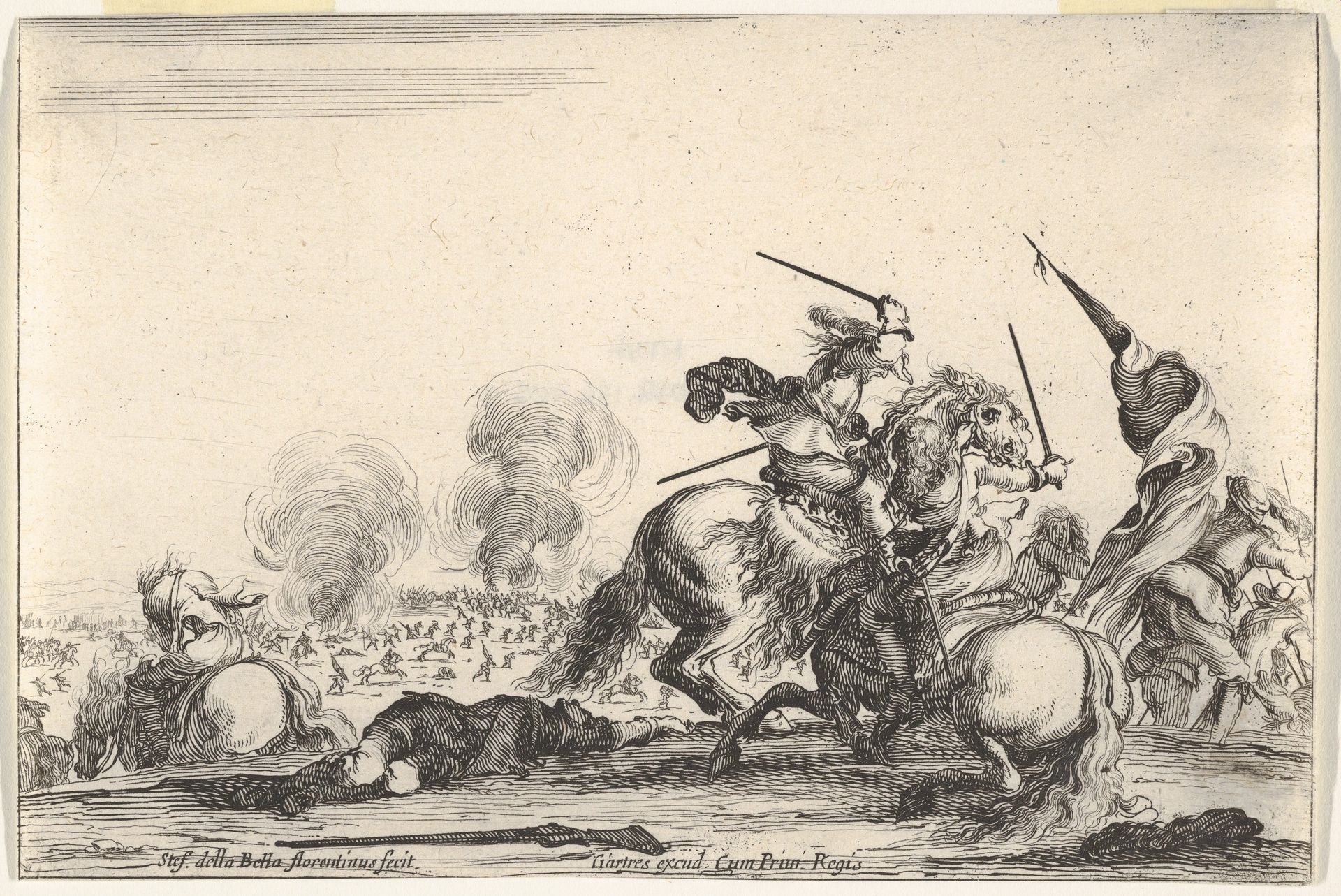 A skirmish, two horsemen battling with swords to the right, men carrying a flag running away towards the right, a dead man on the ground and a horseman seen from behind to the left, from 'Varie figure' by Stefano della Bella