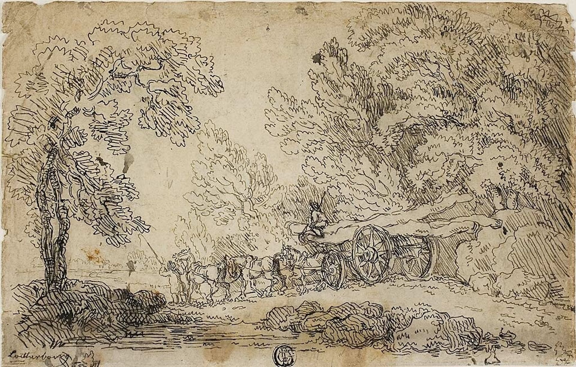 Hauling Logs in a Forest (recto); Sketches of People in Various Activities (verso) by Philippe Jacques de Loutherbourg