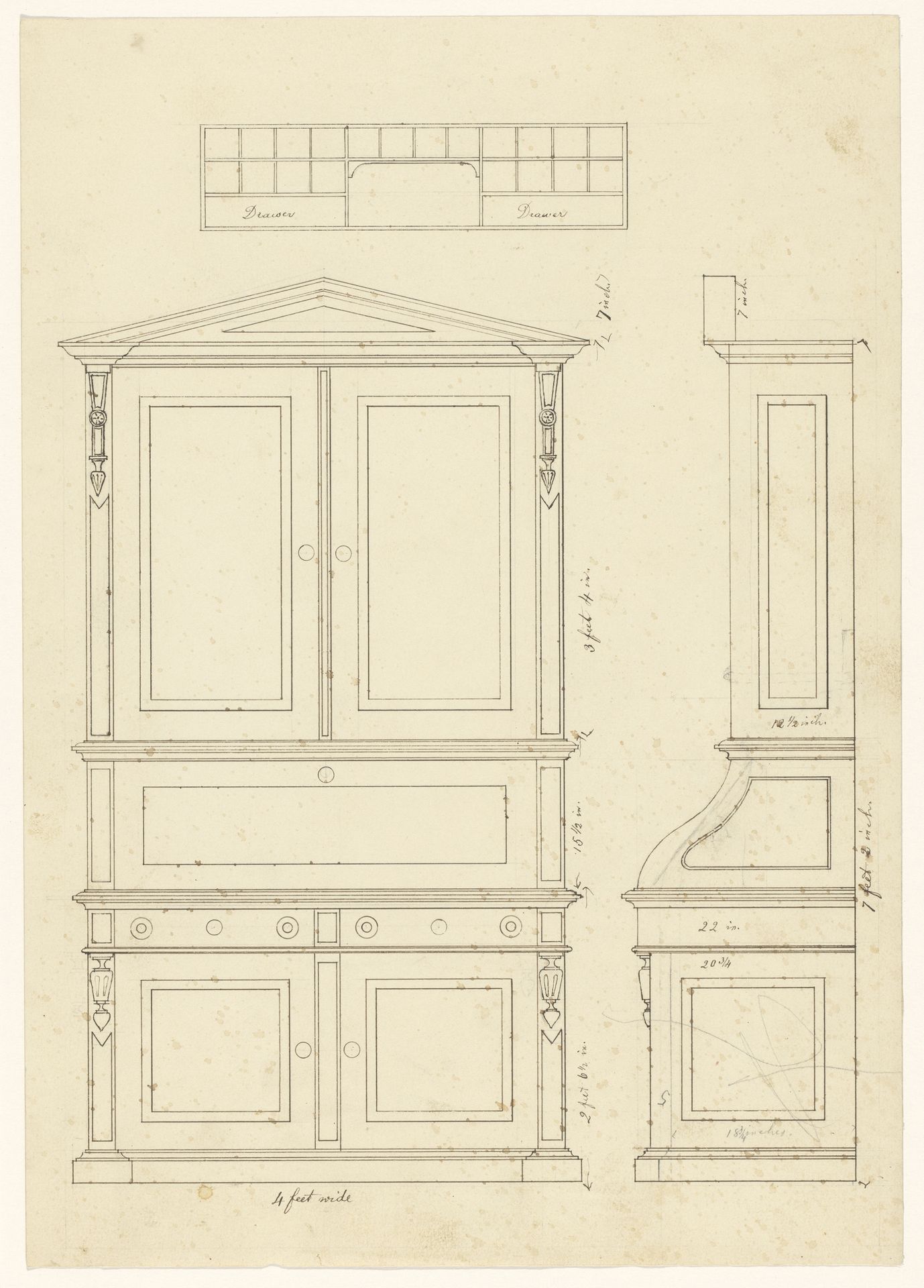 Ontwerp voor een bureau met opstand, met zijaanzicht en detail van het interieur by Joseph Kusterer
