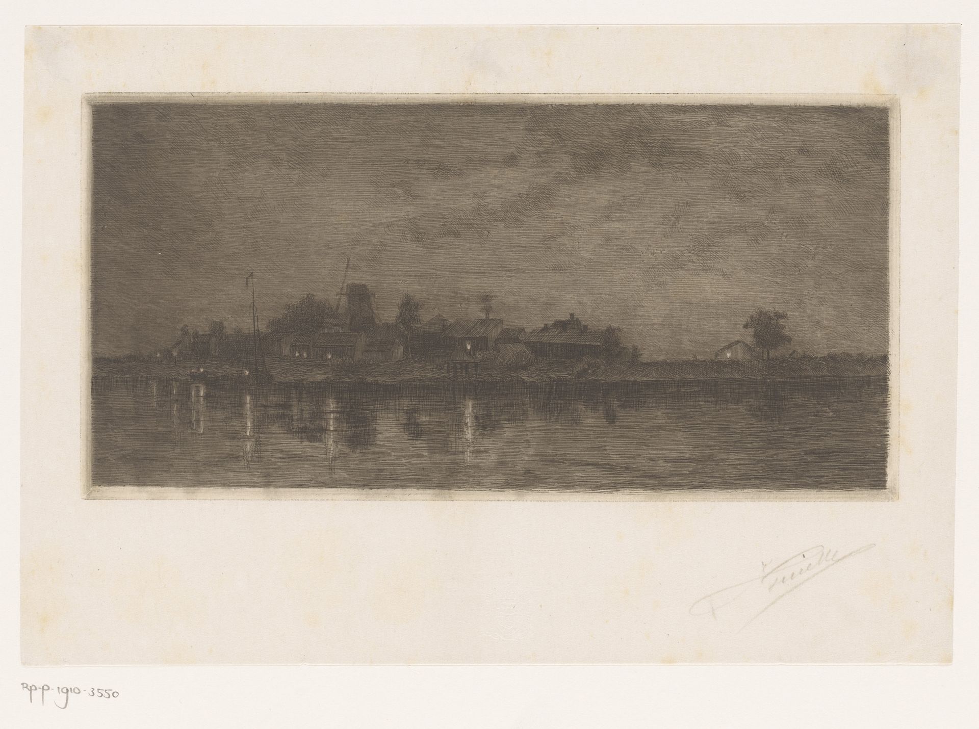 Gezicht op een dorp aan een rivier in de avond by Jules Guiette