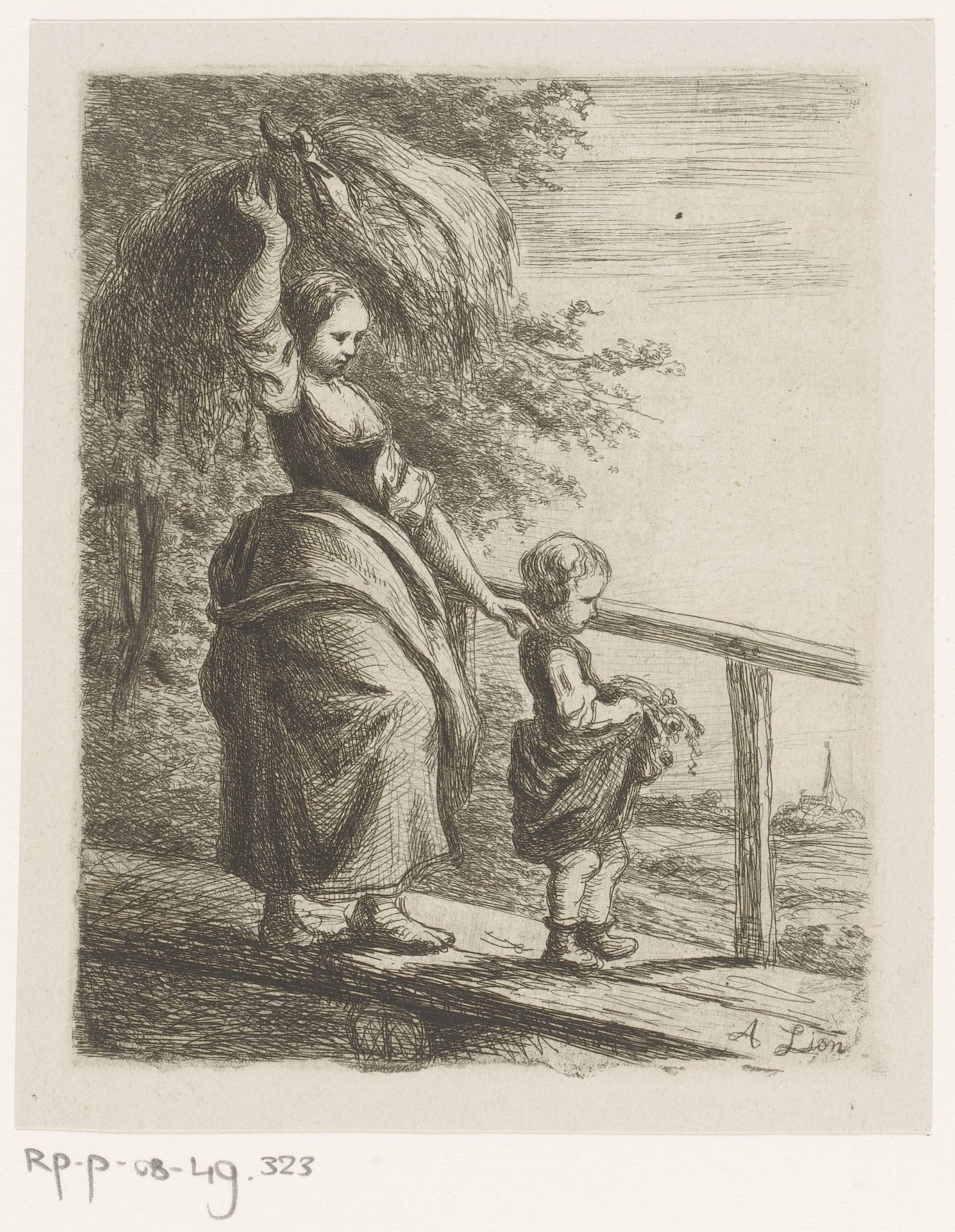 Vrouw draagt hooi op het hoofd en leidt een kind over een houten brug by Alexandre Louis Lion