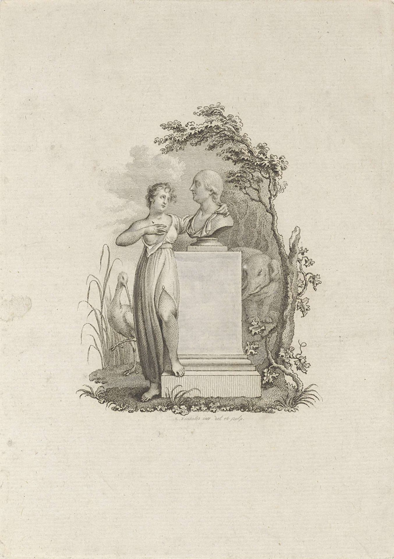 Vrouw bij een buste van Jan Hendrik van Kinsbergen by Reinier Vinkeles