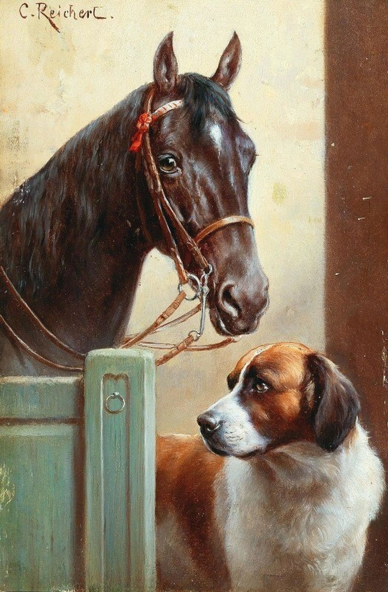 Friends, a bay and a St Bernard in a stable by Carl Reichert