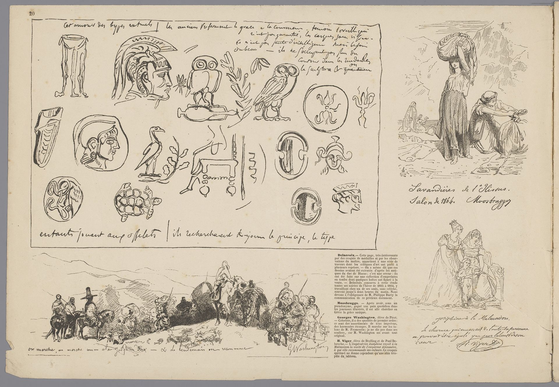 Medailles en cameeën, wasvrouwen, reizend gezelschap te paard en twee vrouwen met kind by Firmin Gillot