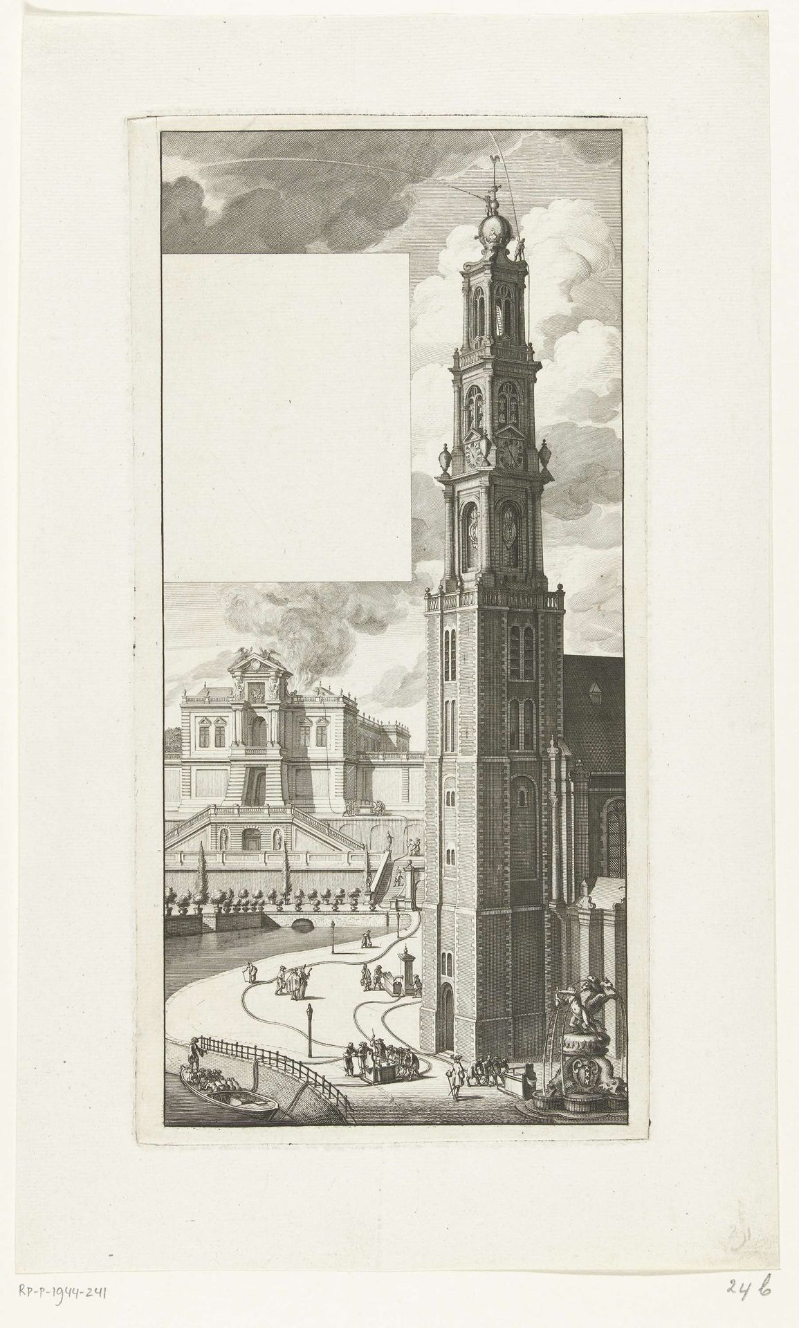 Demonstratie van de slangbrandspuiten op de Westertoren te Amsterdam, ca. 1700 by Laurens Scherm