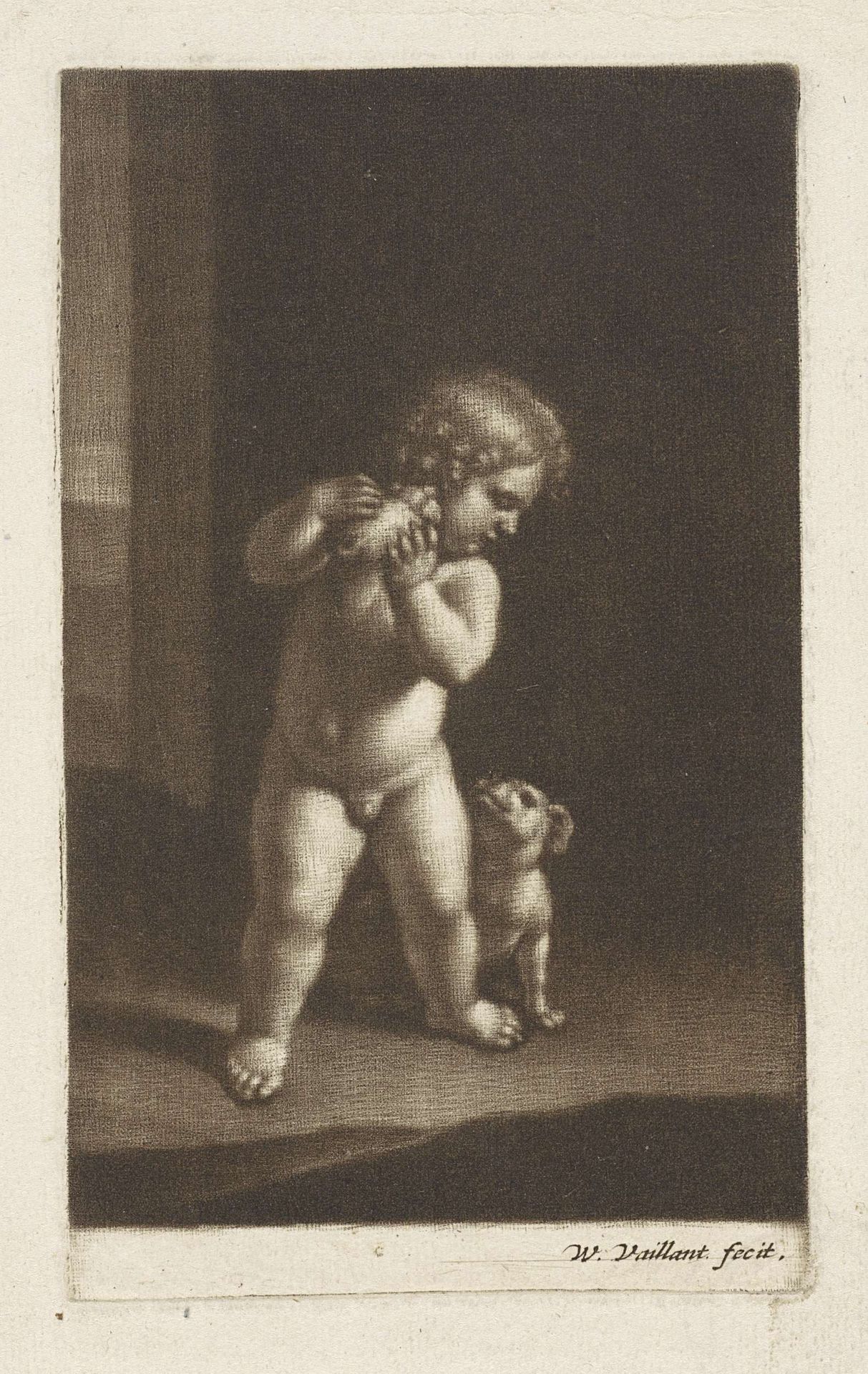 Naakt kind met een hond by Wallerant Vaillant