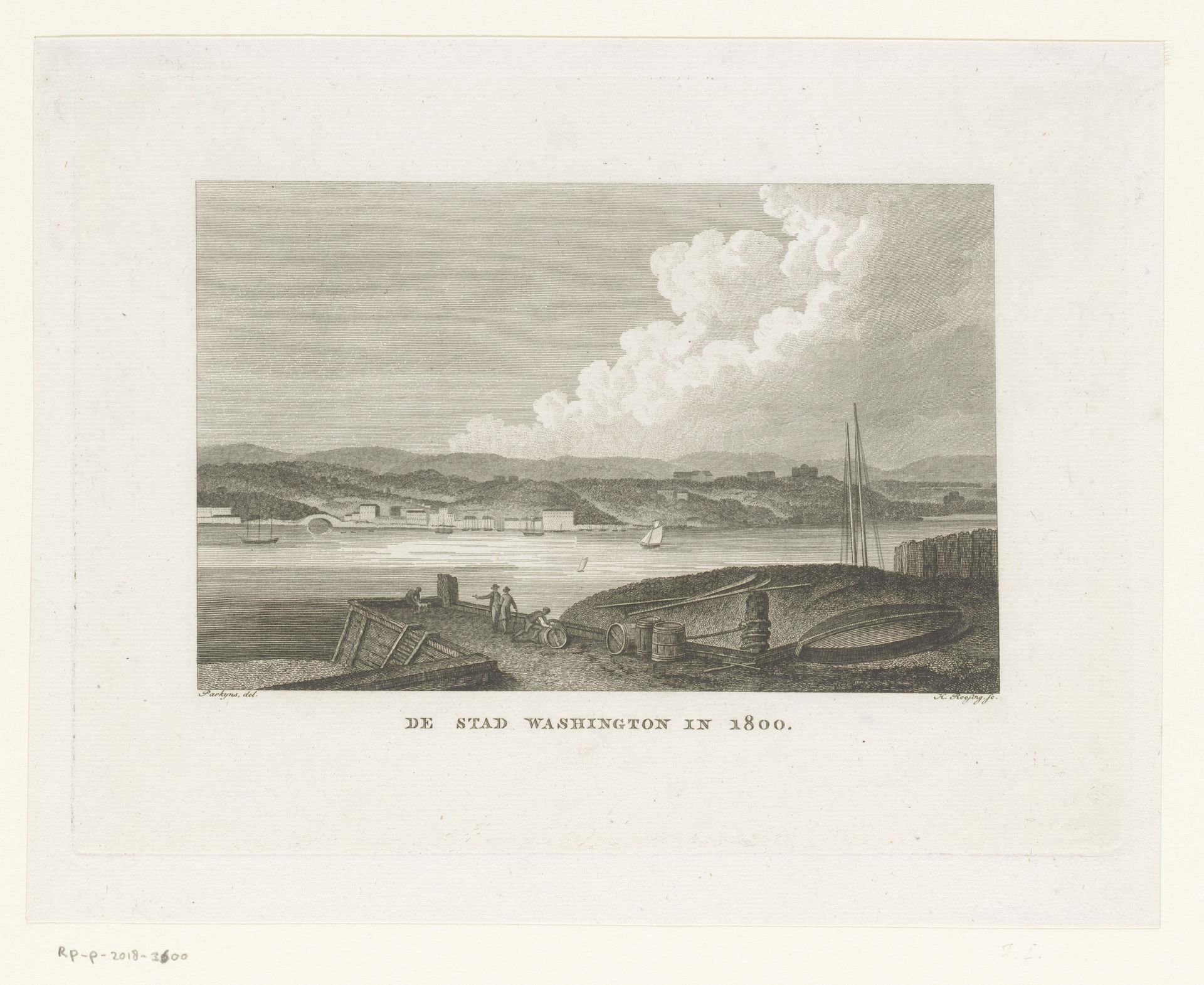 Gezicht op de stad Washington in 1800, vanaf de oever over het water gezien by Hendrik Roosing