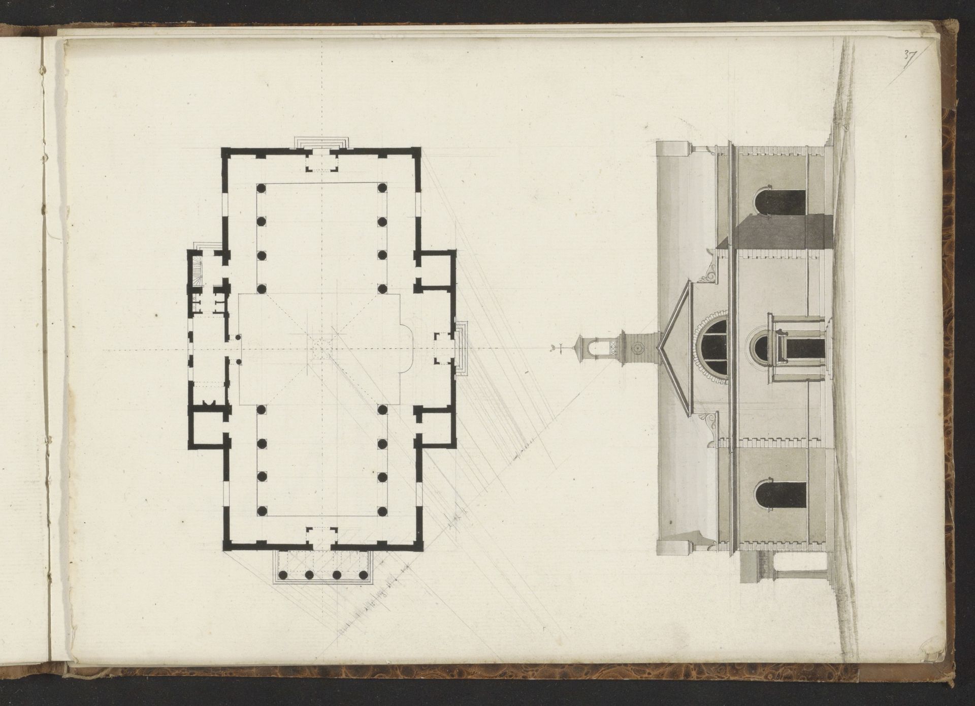 Plattegrond en voorgevel van een gebouw by Willem Springer jr.
