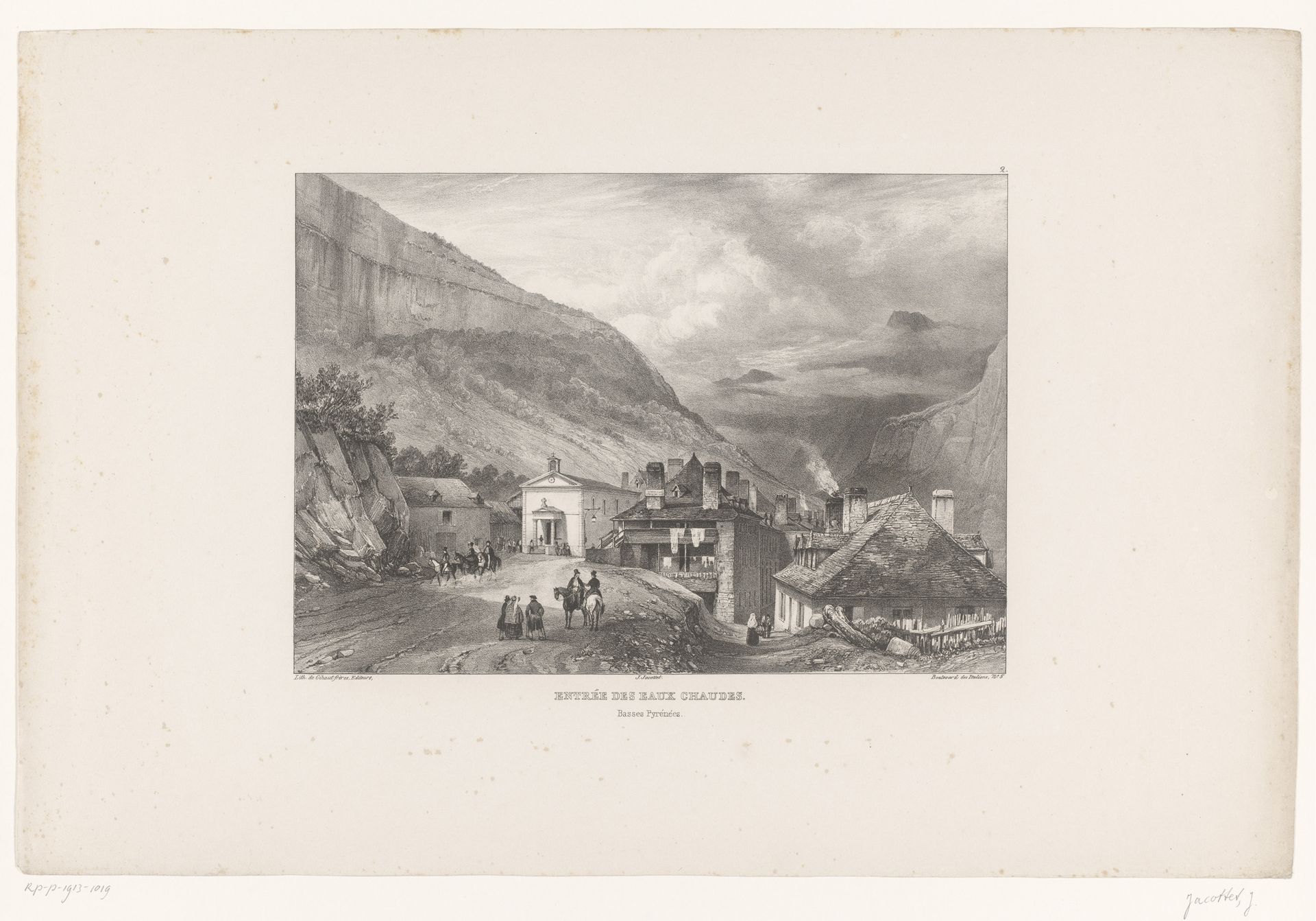 Zicht op de toegang naar het dorp Eaux-Chaudes by Louis-Julien Jacottet