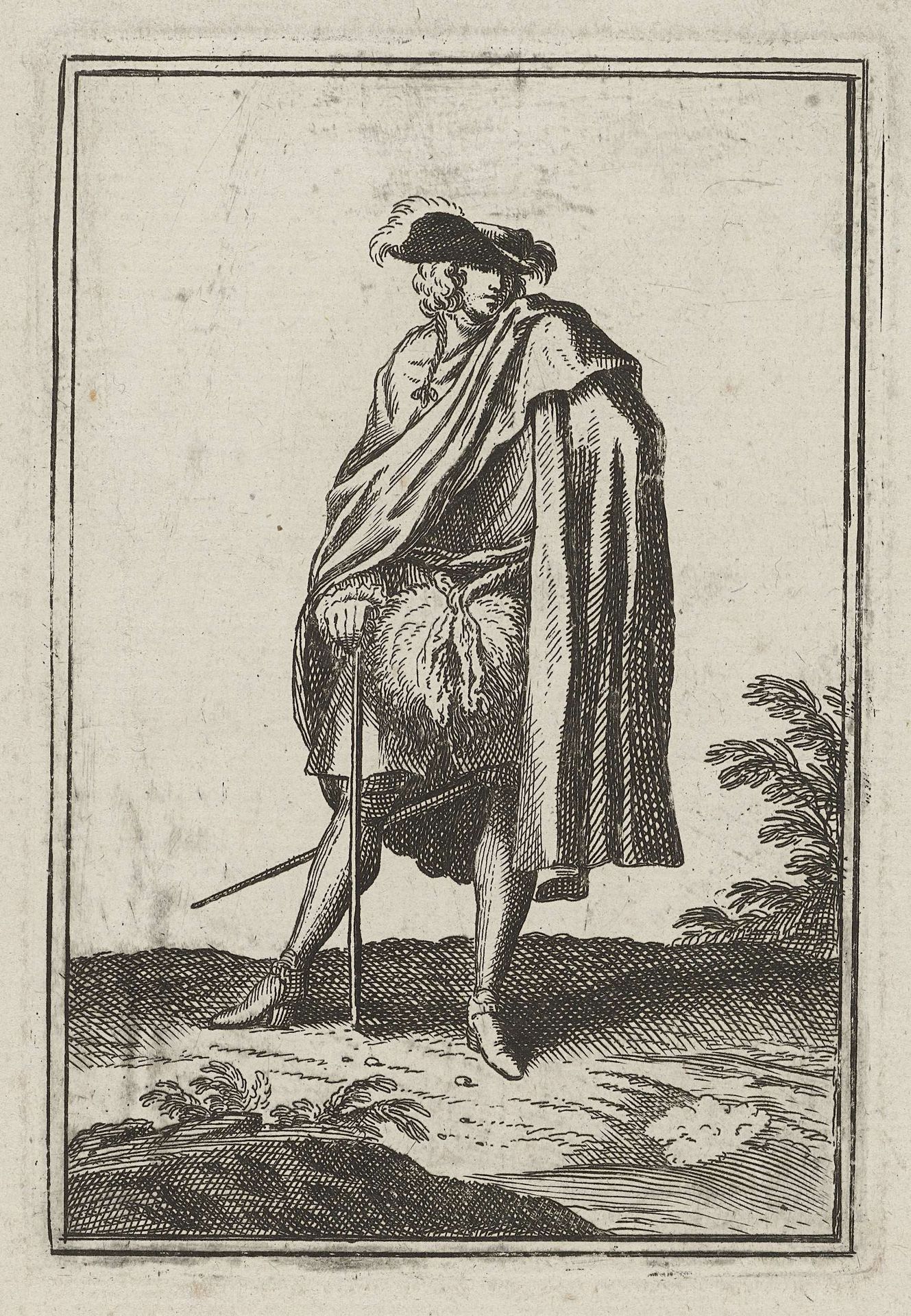 Heer met grote mof, degen en wandelstok by Bernard Picart