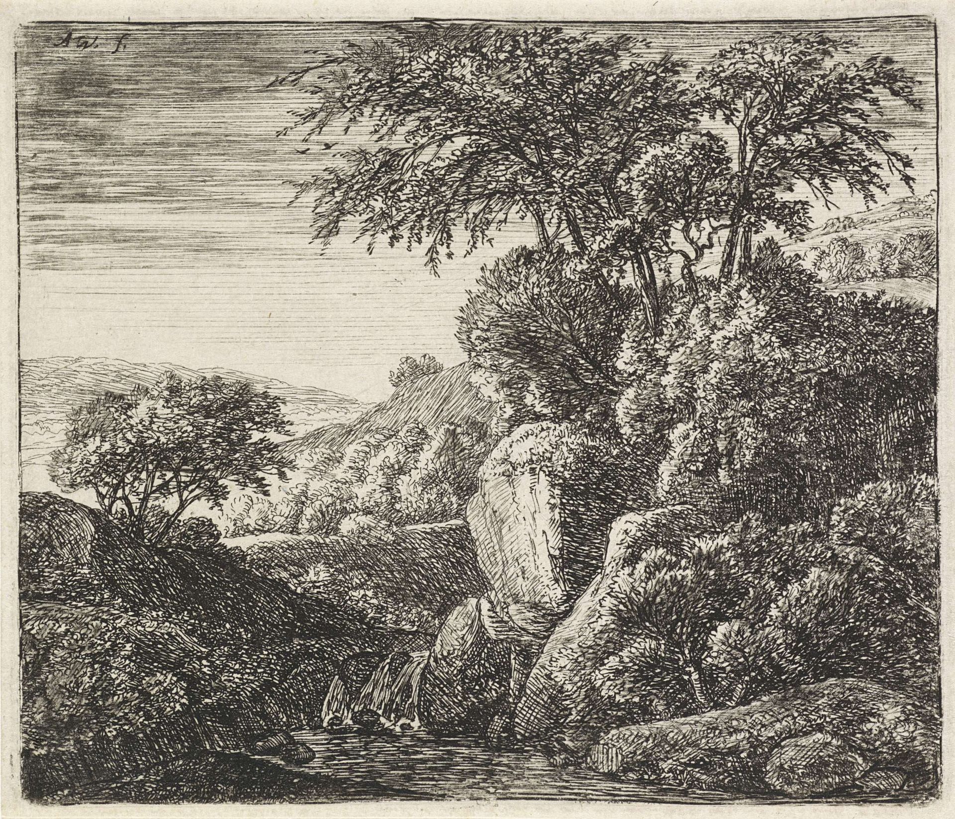 Landschap met een kleine waterval by Anthonie Waterloo