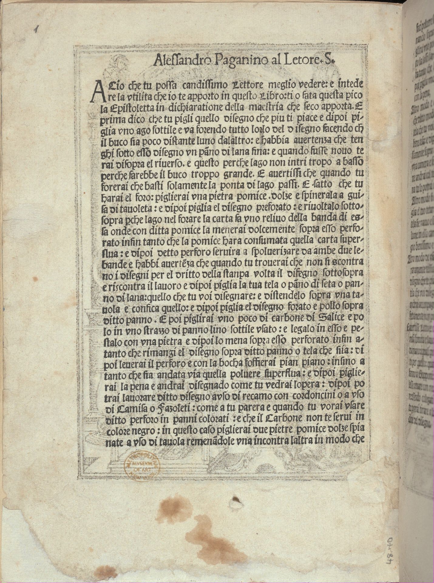 Libro quarto. De rechami per elquale se impara in diuersi modi lordine e il modo de recamare...Opera noua, title page (verso) by Alessandro Paganino