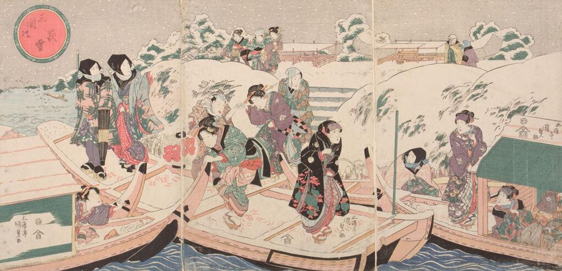 Triptych: Evening Snow at Mimeguri (Mimeguri no yosetsu) - Actors and Courtesans Getting on a Boat by Utagawa Kunisada
