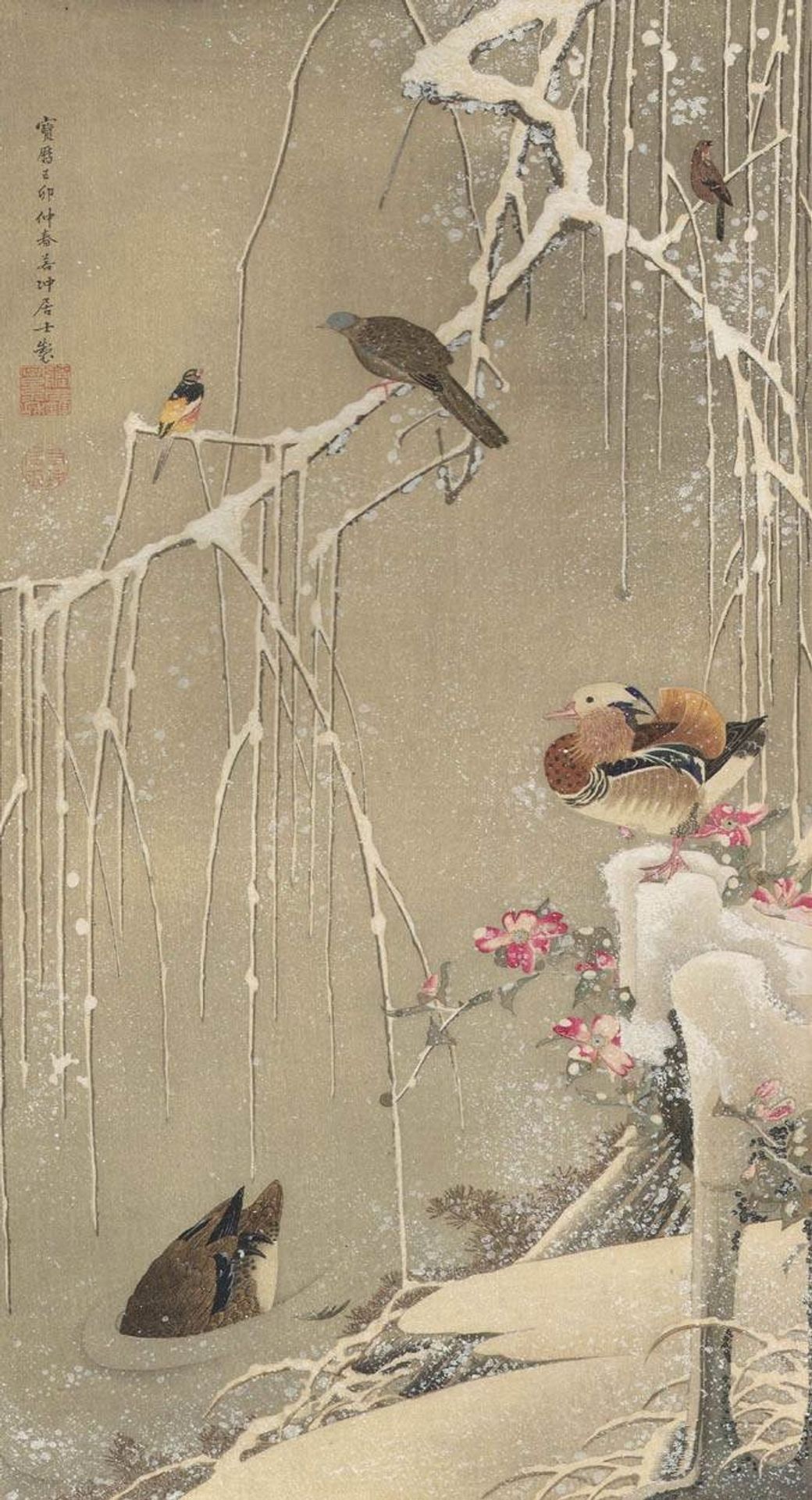 Willow Tree and Mandarin Ducks in the Snow by Ito Jakuchu