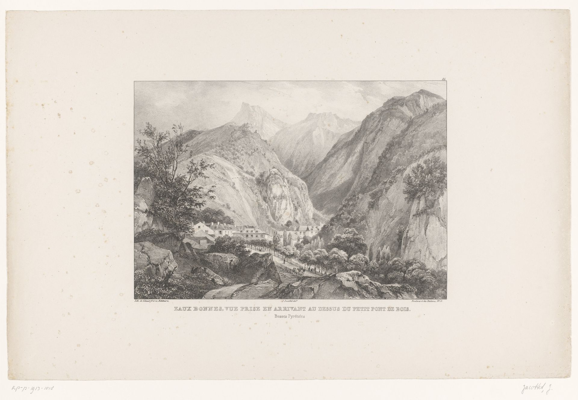 Zicht op Eaux-Bonnes vanaf de kleine houten brug by Louis-Julien Jacottet