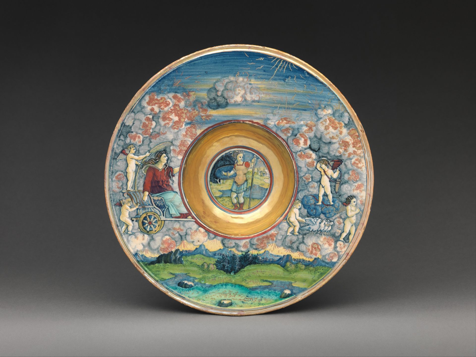 Wide-rimmed bowl depicting figures from Virgil's Aeneid by Maestro Giorgio Andreoli
