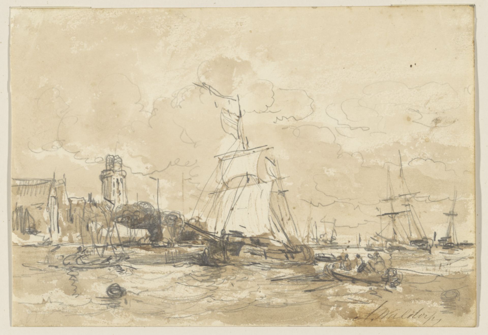 Riviergezicht met zeilschepen by Antonie Waldorp