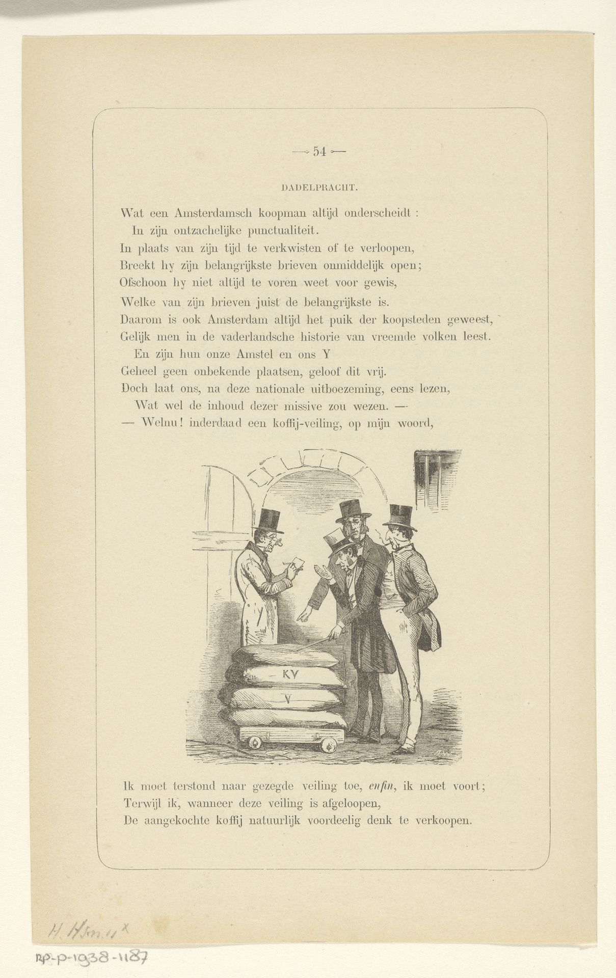 Vier mannen staand rondom een kar met vier volle zakken by Isaac Weissenbruch