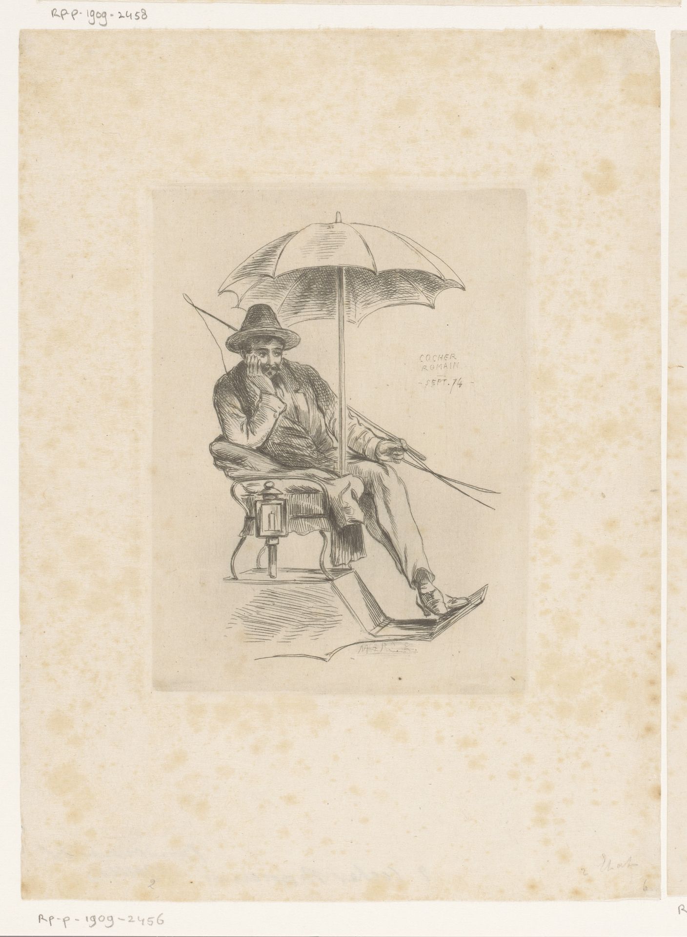 Man met paraplu op de bok van een rijtuig by Maurice Bonvoisin