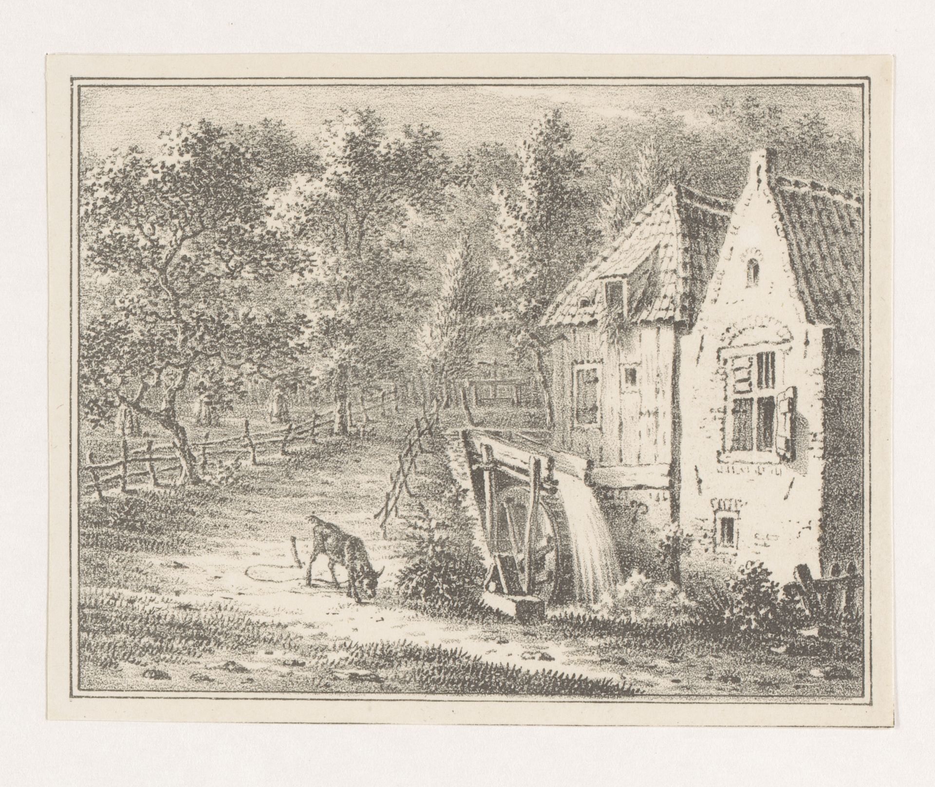 Landschap met watermolen en een grazende geit aan een touw by Pieter de Goeje