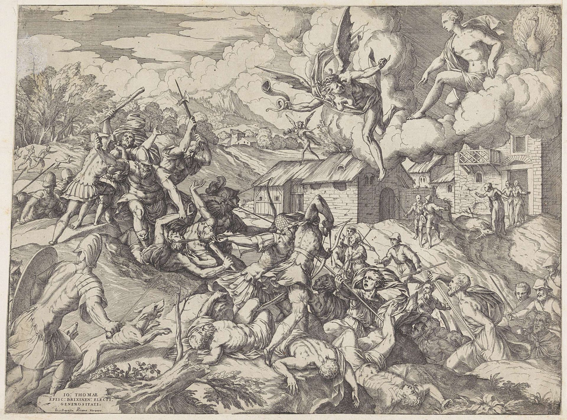 Soldaten van Aeneas vechten met dienaren van koning Latinus by Giovanni Battista Fontana